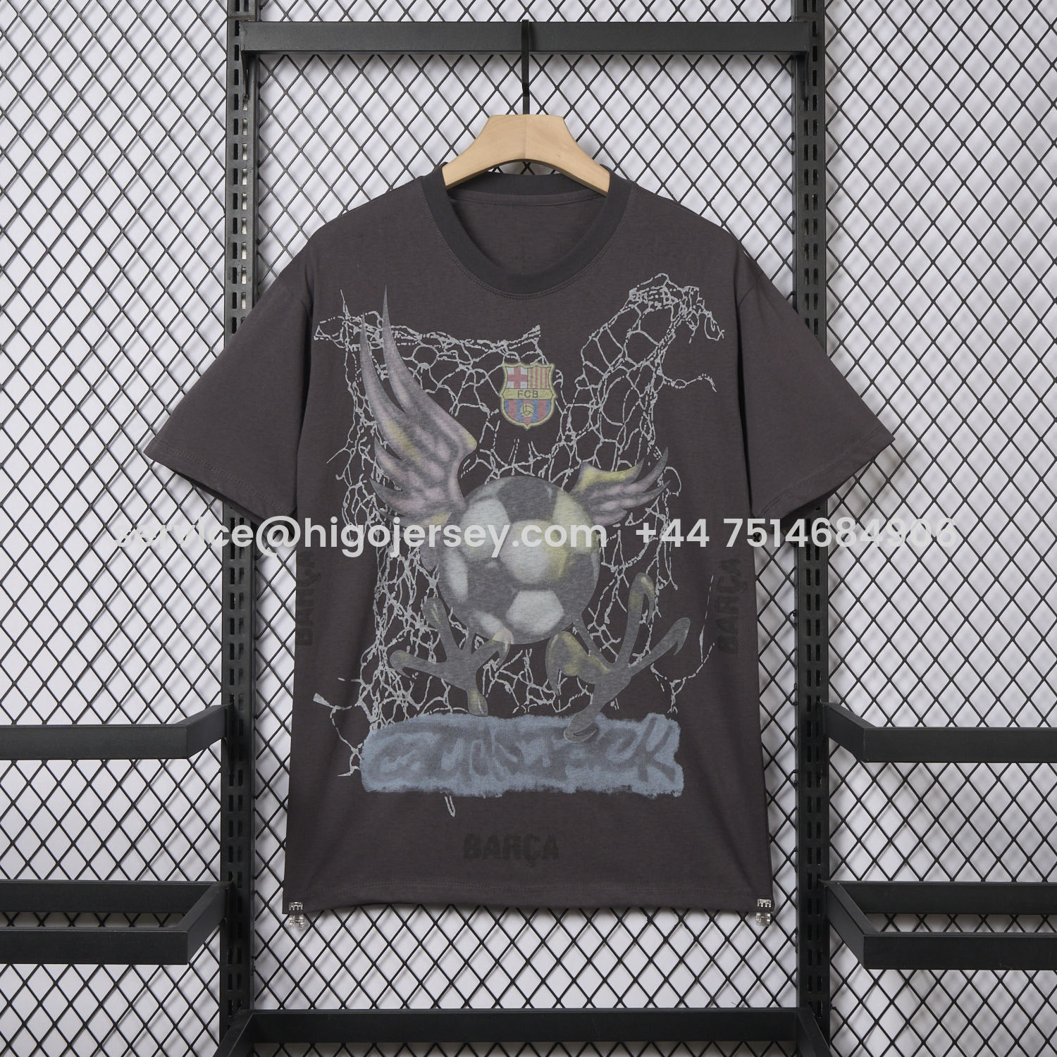 Higojerseys-Barcelona x Travis Scott 24-25 Football Eagle Pattern Dark Grey T-shirt