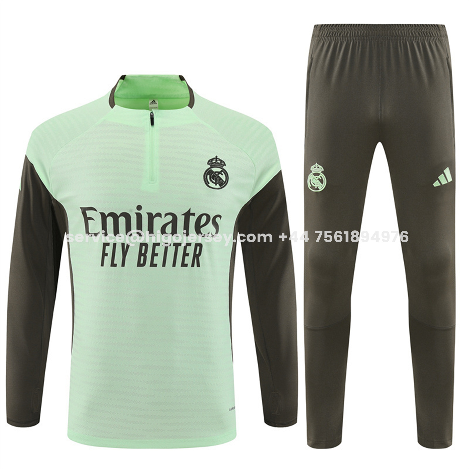 Higojerseys-Real Madrid 25-26 Kids Long Sleeve Training Set - Player Version - Light Green Top and Khaki Pants