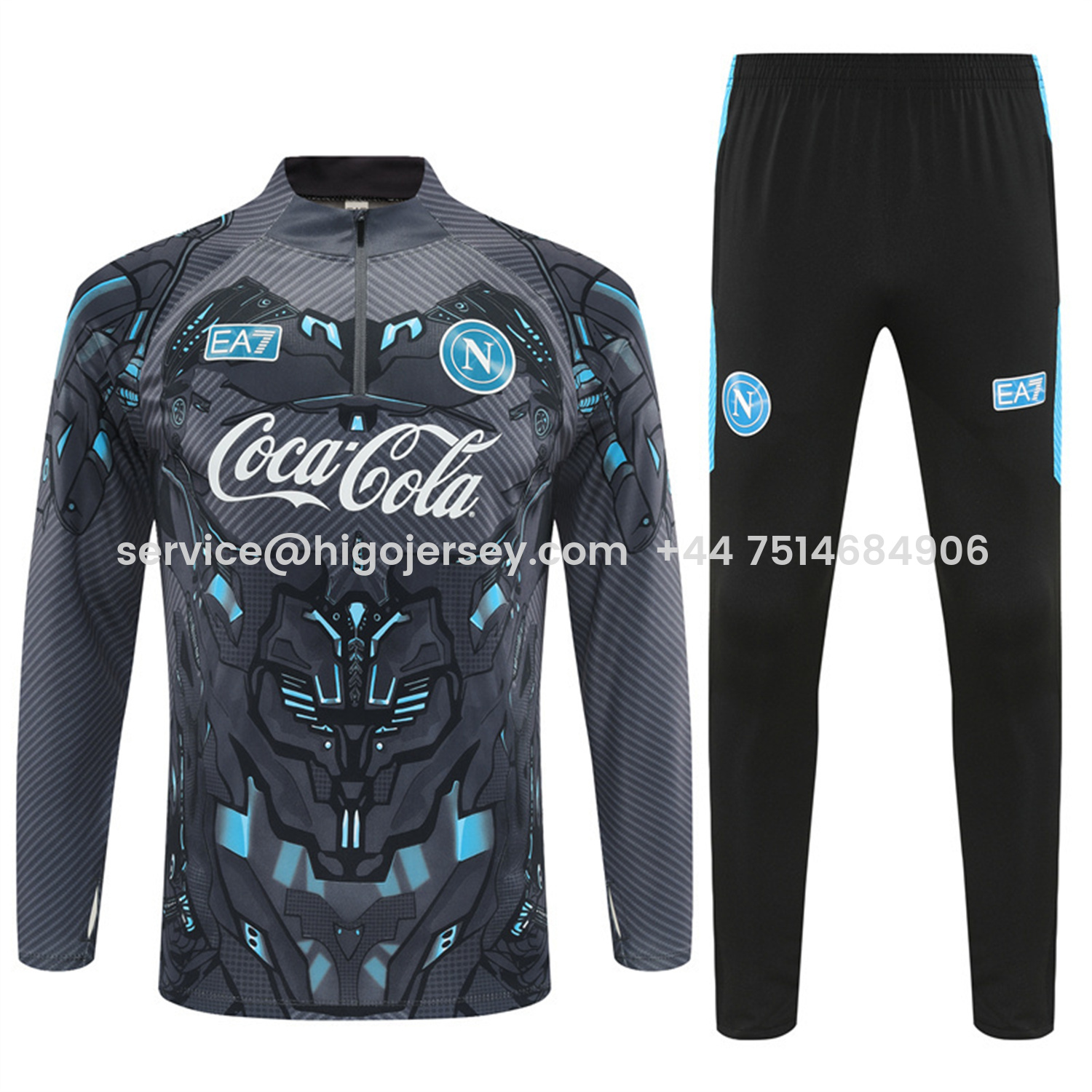 Higojerseys-Napoli 25-26 Kids Long Sleeve Training Set - Gray Mecha Top & Black Pants