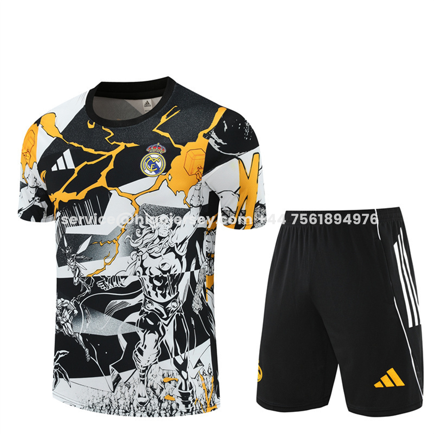 Higojerseys-Real Madrid 25-26 Thunder Comics Short-Sleeve Training Set - Comic Pattern Top & Shorts