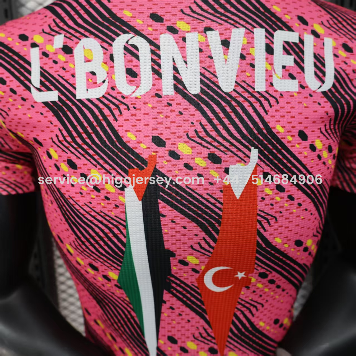 Higojerseys-Club Deportivo Palestino Palestine 25-26 Black Lines Pink Jersey With L‘BONVIEU No.11 - Player Version