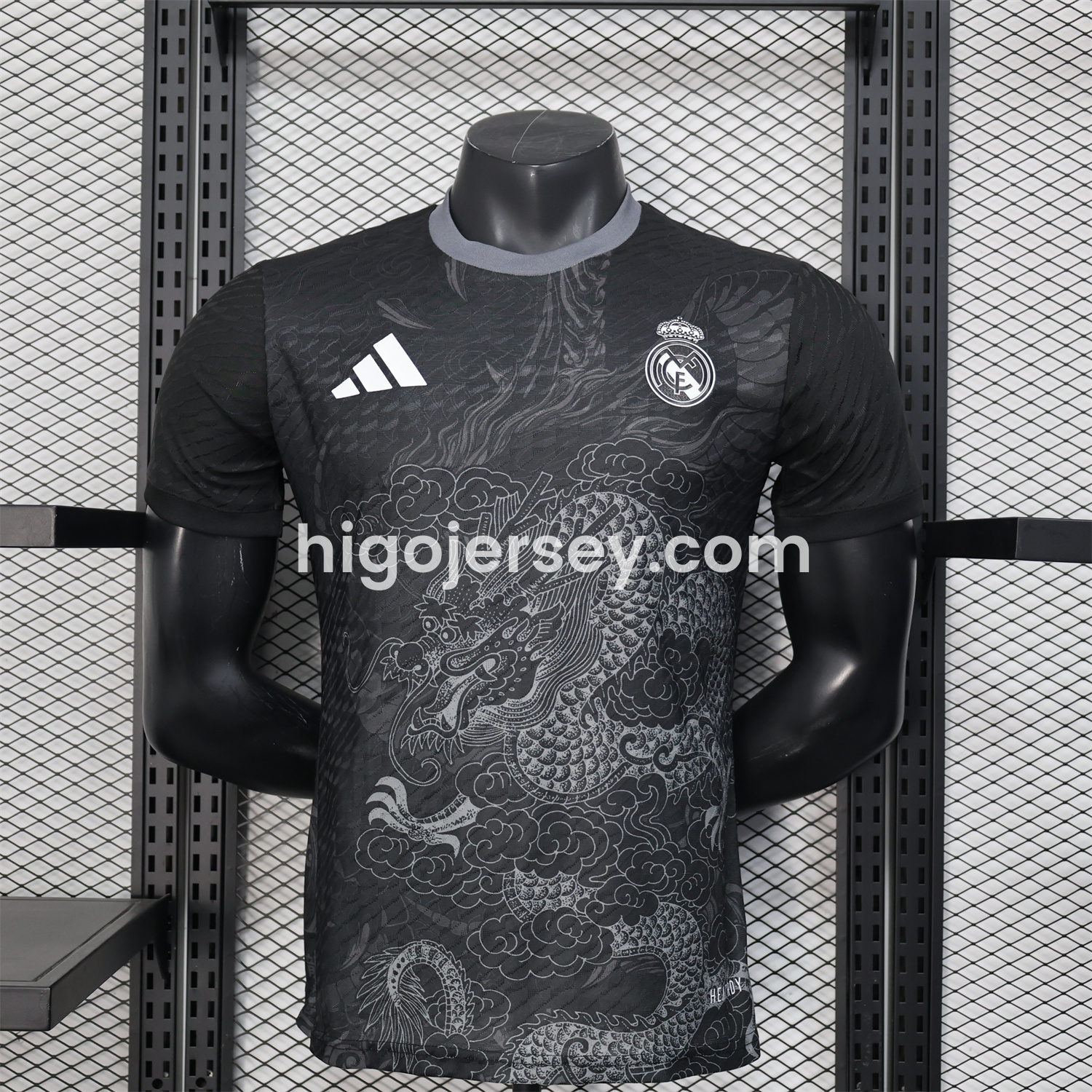 Higojerseys-Real Madrid 25-26 Grey Chinese Loong and Auspicious Clouds Line Drawing Black Jersey - Player Version