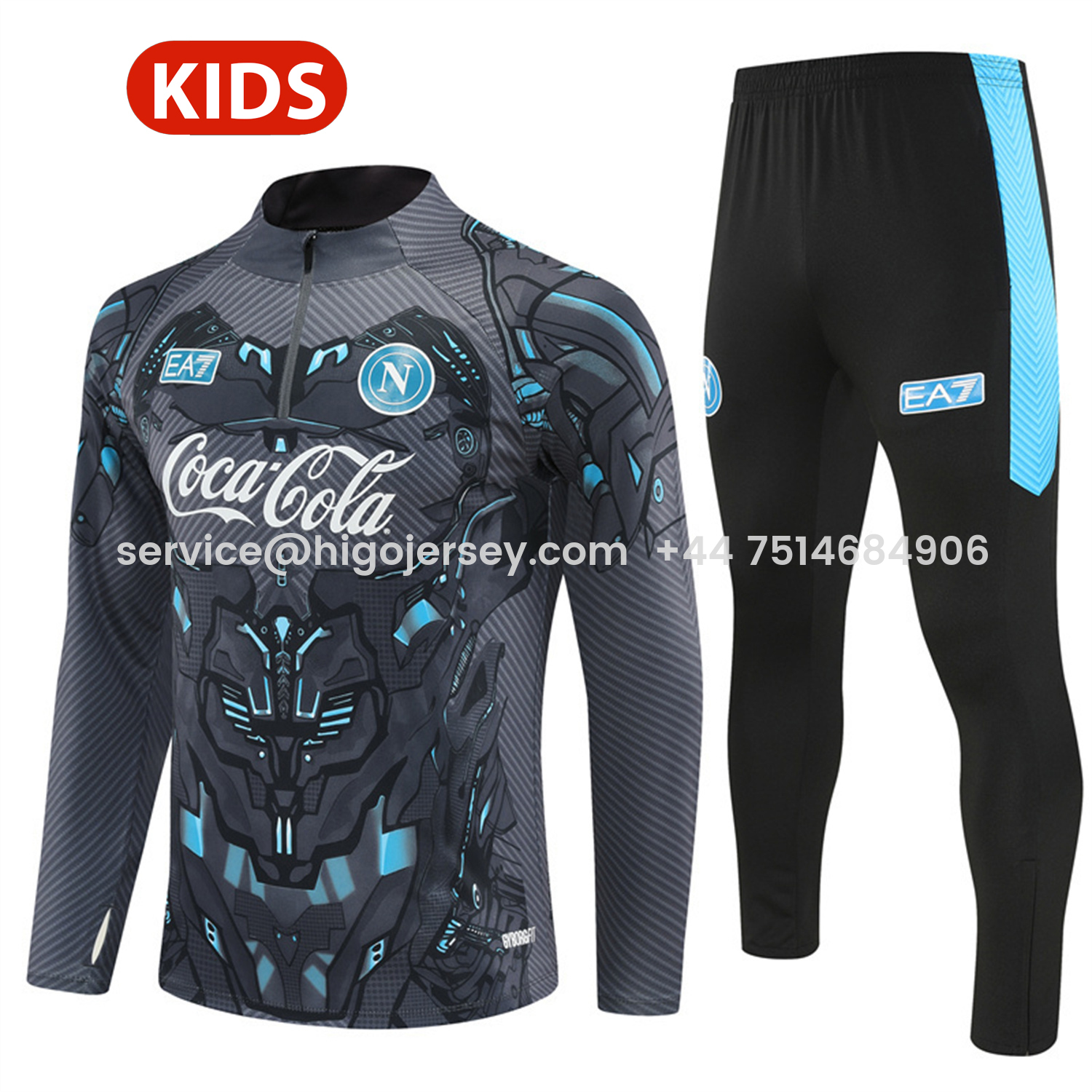 Higojerseys-Napoli 25-26 Kids Long Sleeve Training Set - Gray Mecha Top & Black Pants