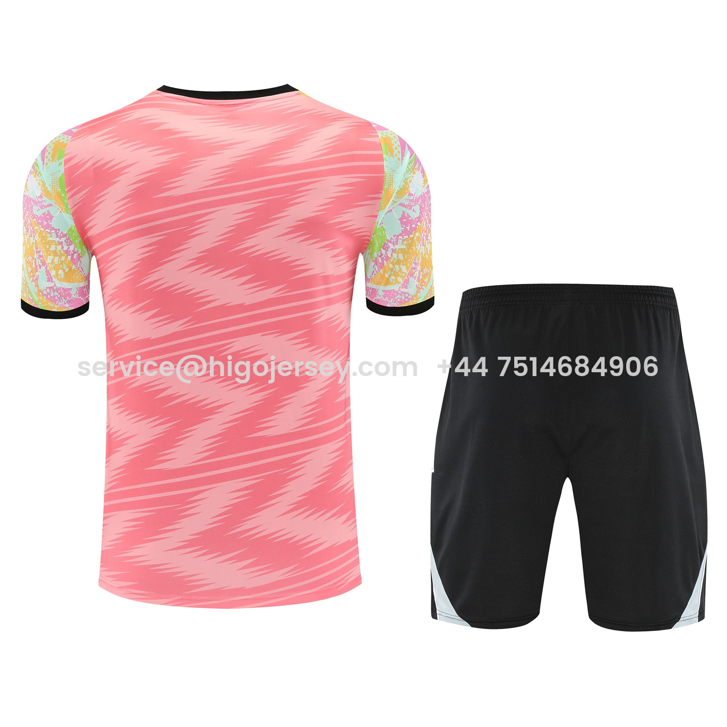Higojerseys-Real Madrid 25-26 Short-Sleeve Training Set - Pink Arrow Pattern Top & Black Shorts