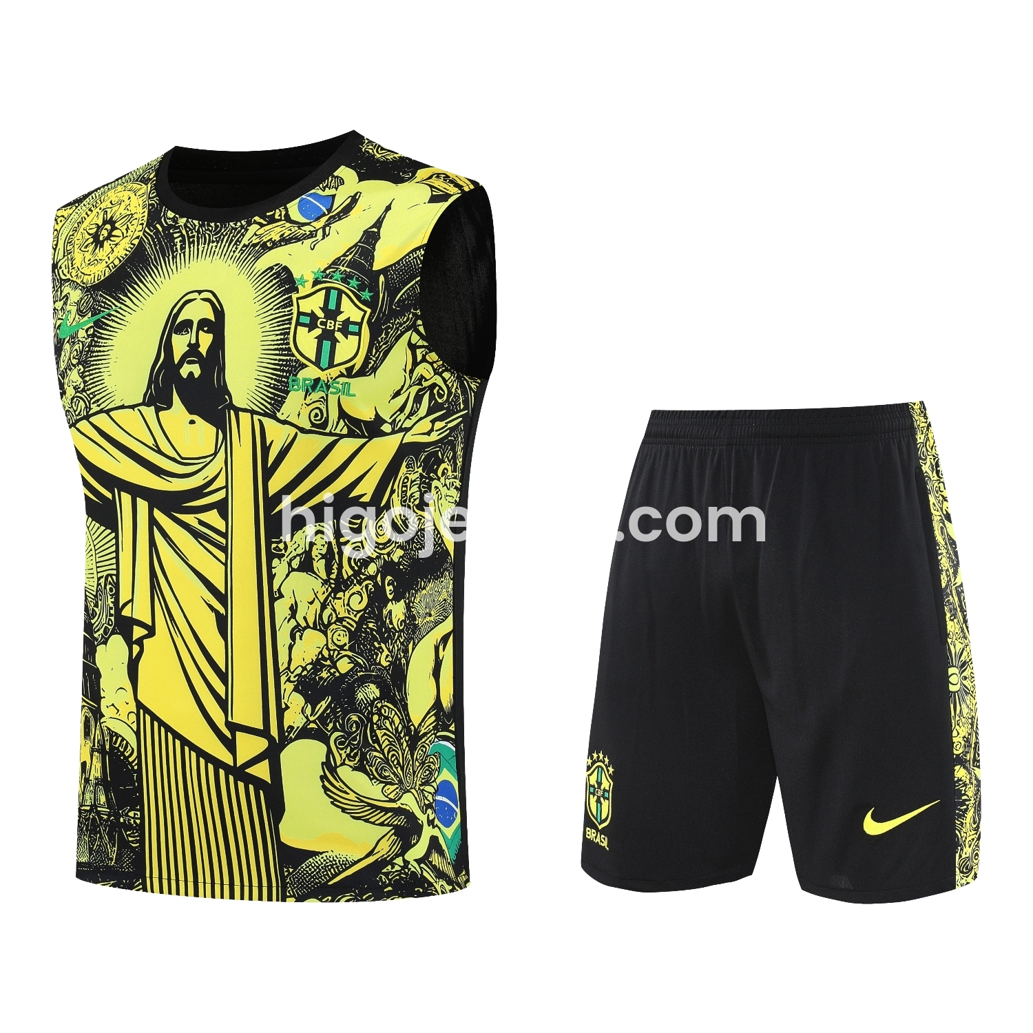 Higojerseys-Brazil 25-26 Yellow Jesus Statue Vest Training Set - Yellow Vest & Black Shorts