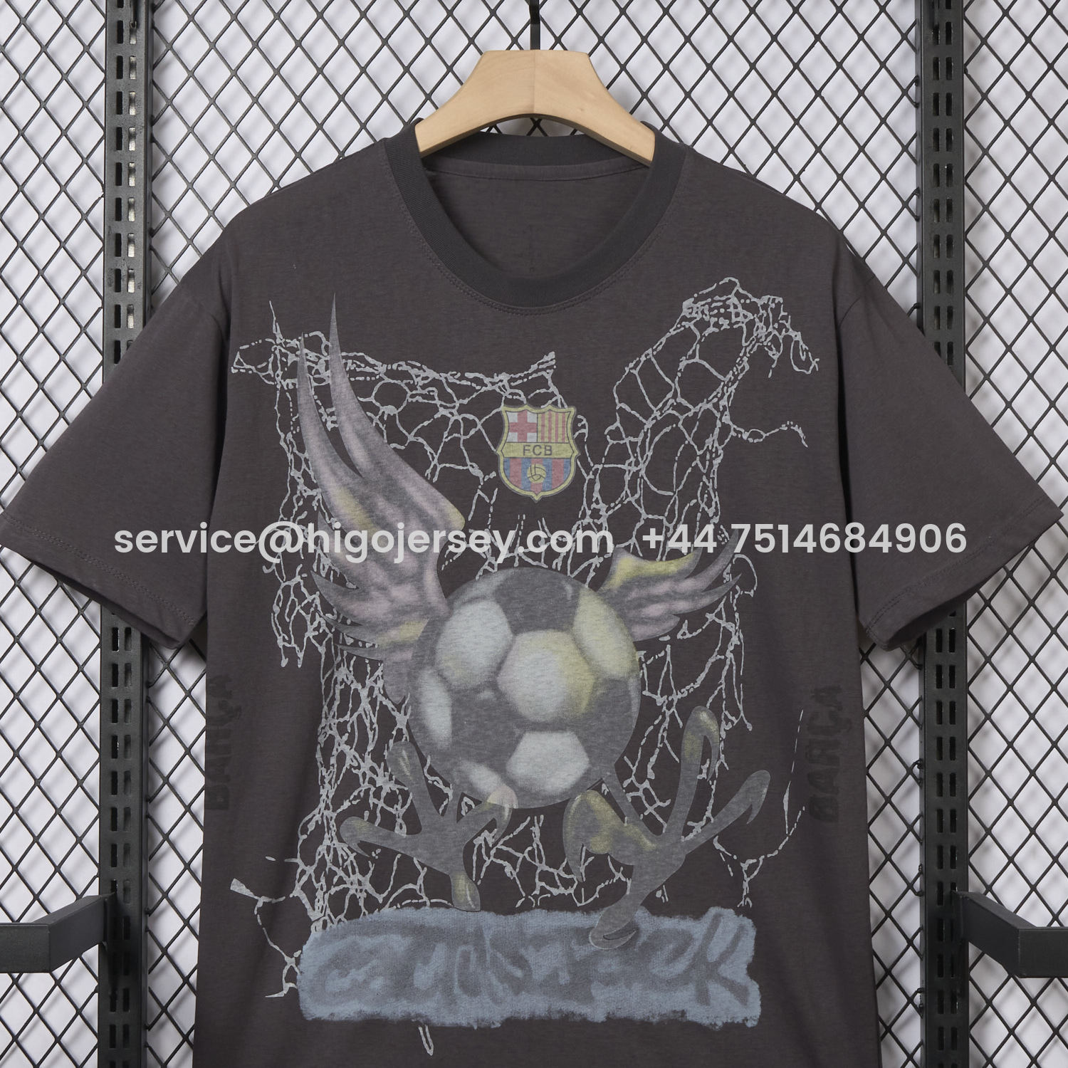 Higojerseys-Barcelona x Travis Scott 24-25 Football Eagle Pattern Dark Grey T-shirt