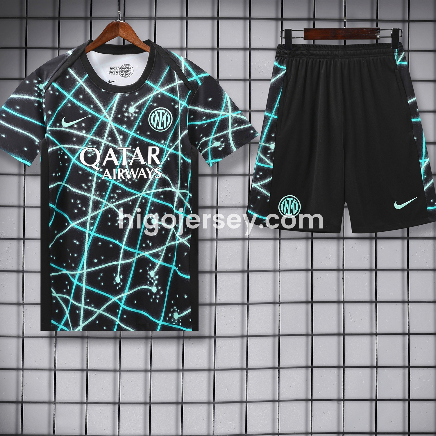 Higojerseys-Inter Milan 25-26 Short-Sleeve Training Set - Blue Fluorescent Rays Black Top & Black Shorts