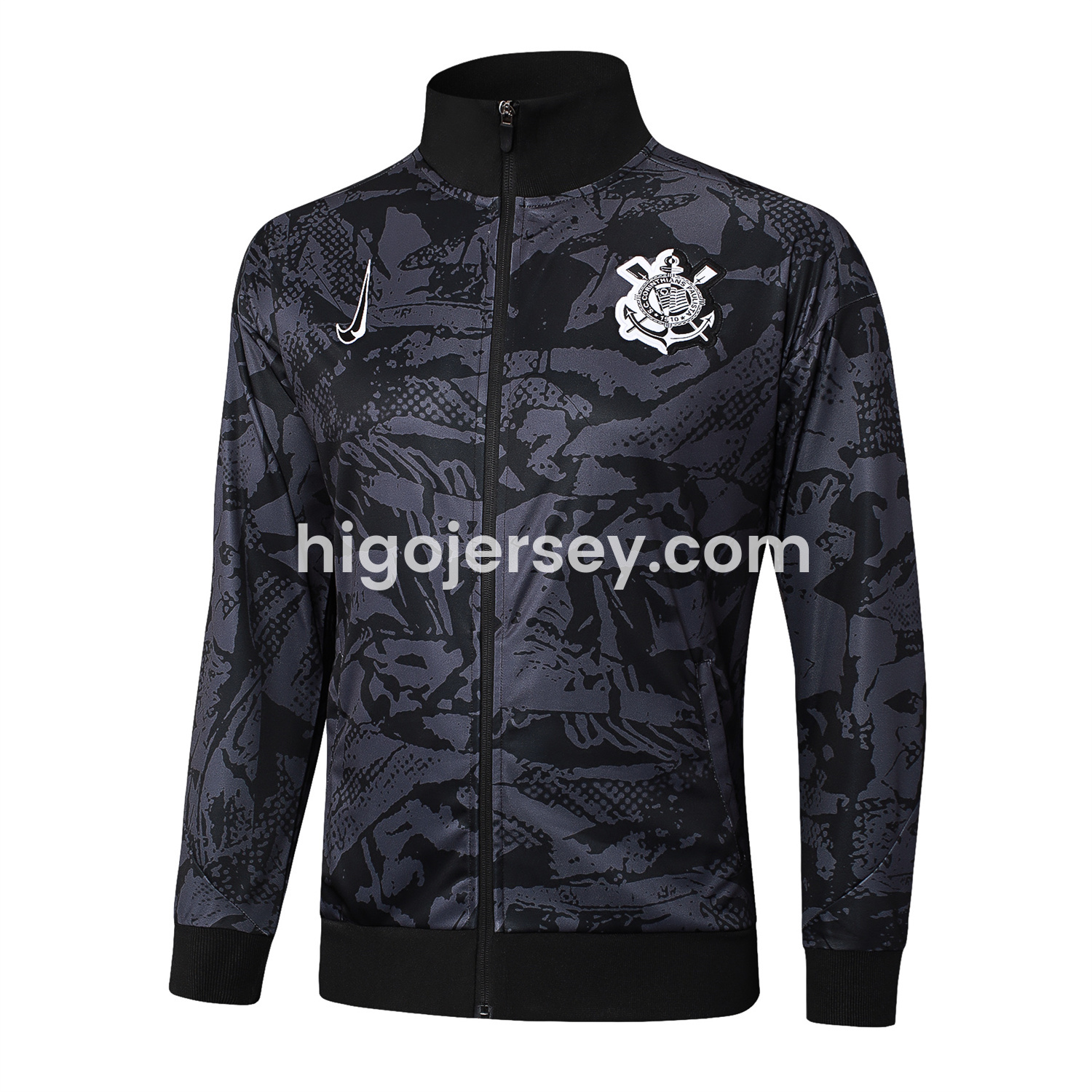 Higojerseys-Corinthians 25-26 Jacket Training Tracksuit - Black and Gray Pattern Jackets & Black Pants