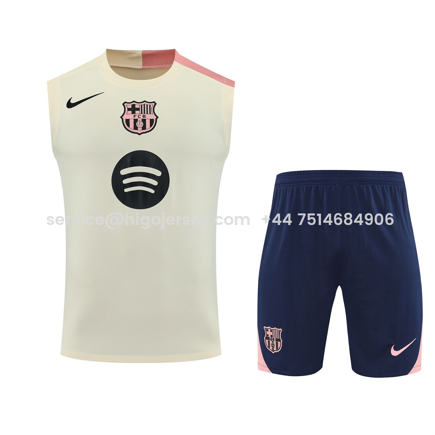 Higojerseys-Barcelona 25-26 Vest Training Set - Cream Vest & Deep Blue Shorts