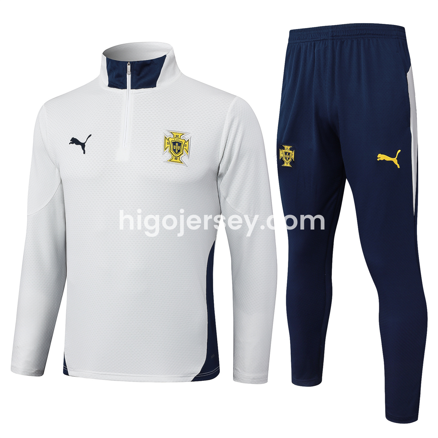 Higojerseys-Portugal 25-26 Long Sleeve Training Set - Off White Top and Deep Blue Pants
