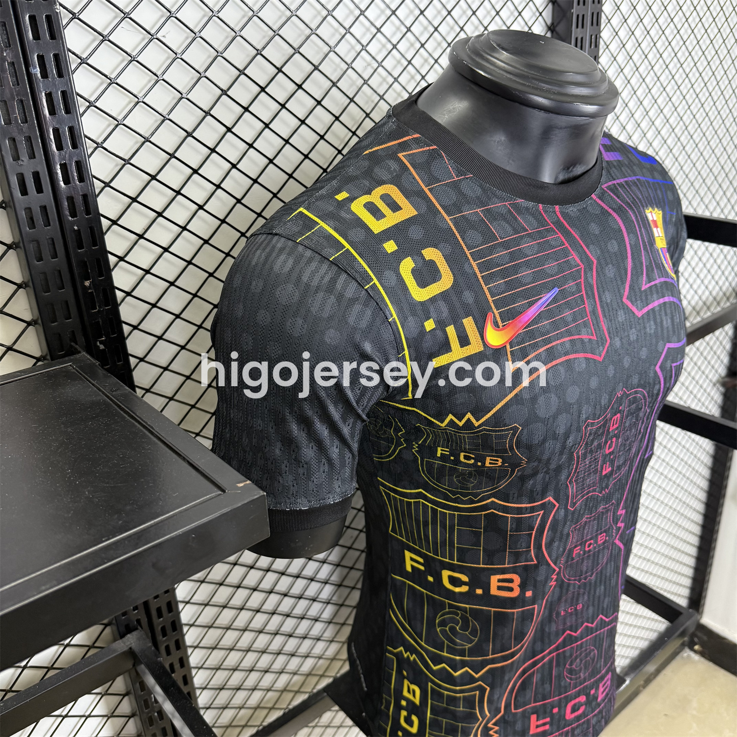 Higojerseys-Barcelona 25-26 Fluorescent Team Logo Lines Black Jersey - Player Version