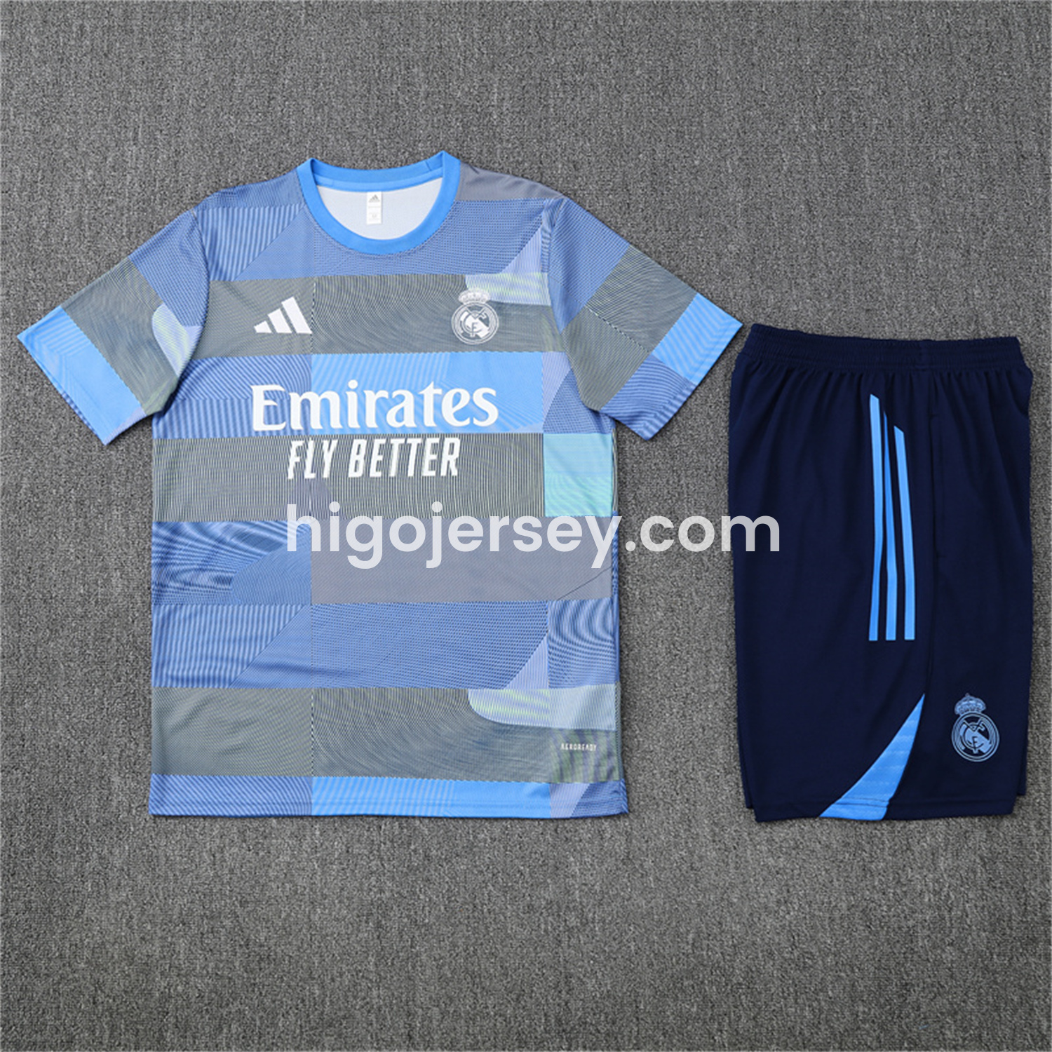 Higojerseys-Real Madrid 25-26 Pre-Match Kids Short-Sleeve Training Set - Blue-Gray Camouflage Top and Blue Shorts