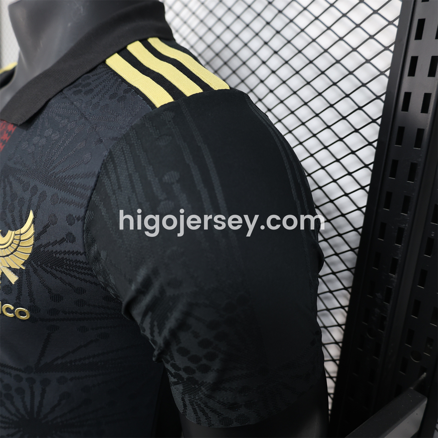 Higojerseys-Mexico 25-26 Black Polo Jersey with Red White and Green Decorative Pattern - Player Version