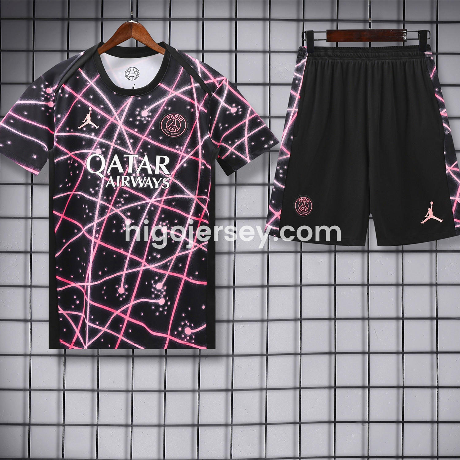 Higojerseys-Paris Saint-Germain PSG 25-26 Short-Sleeve Training Set - Pink Fluorescent Rays Black Top & Black Shorts