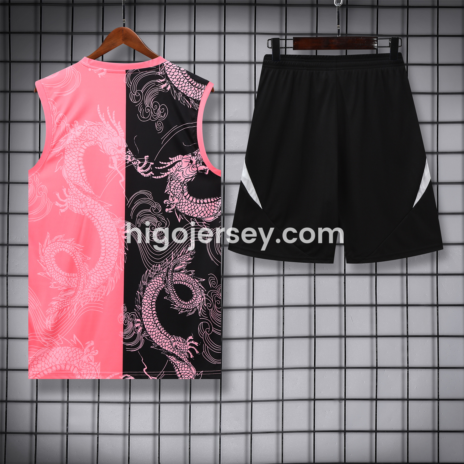 Higojerseys-Real Madrid 25-26 Vest Training Set - Pink-Black Dragon Vest & Black-White Shorts