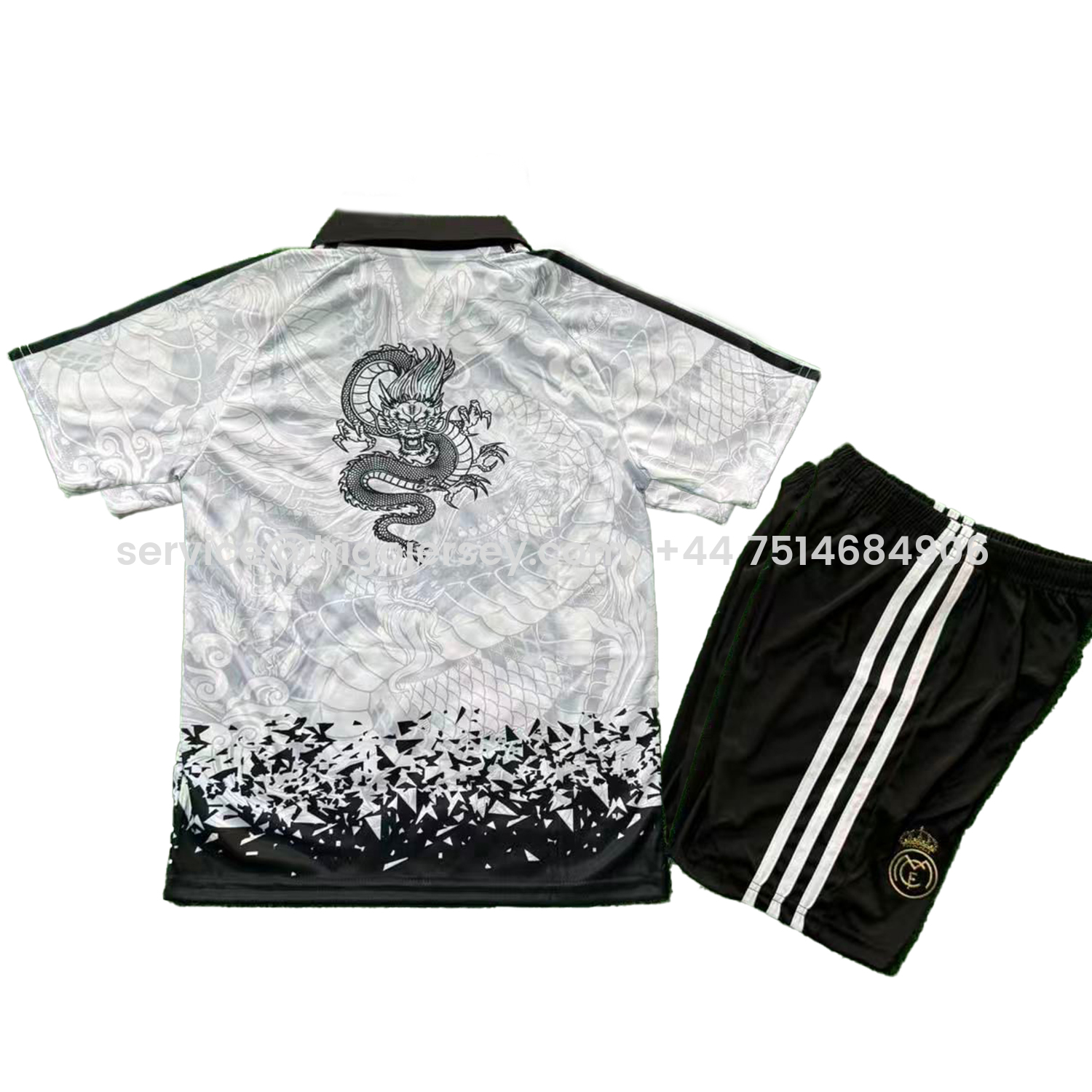 Higojerseys-Real Madrid 25-26 Black Dragon Pattern White Special Polo Kids Kit