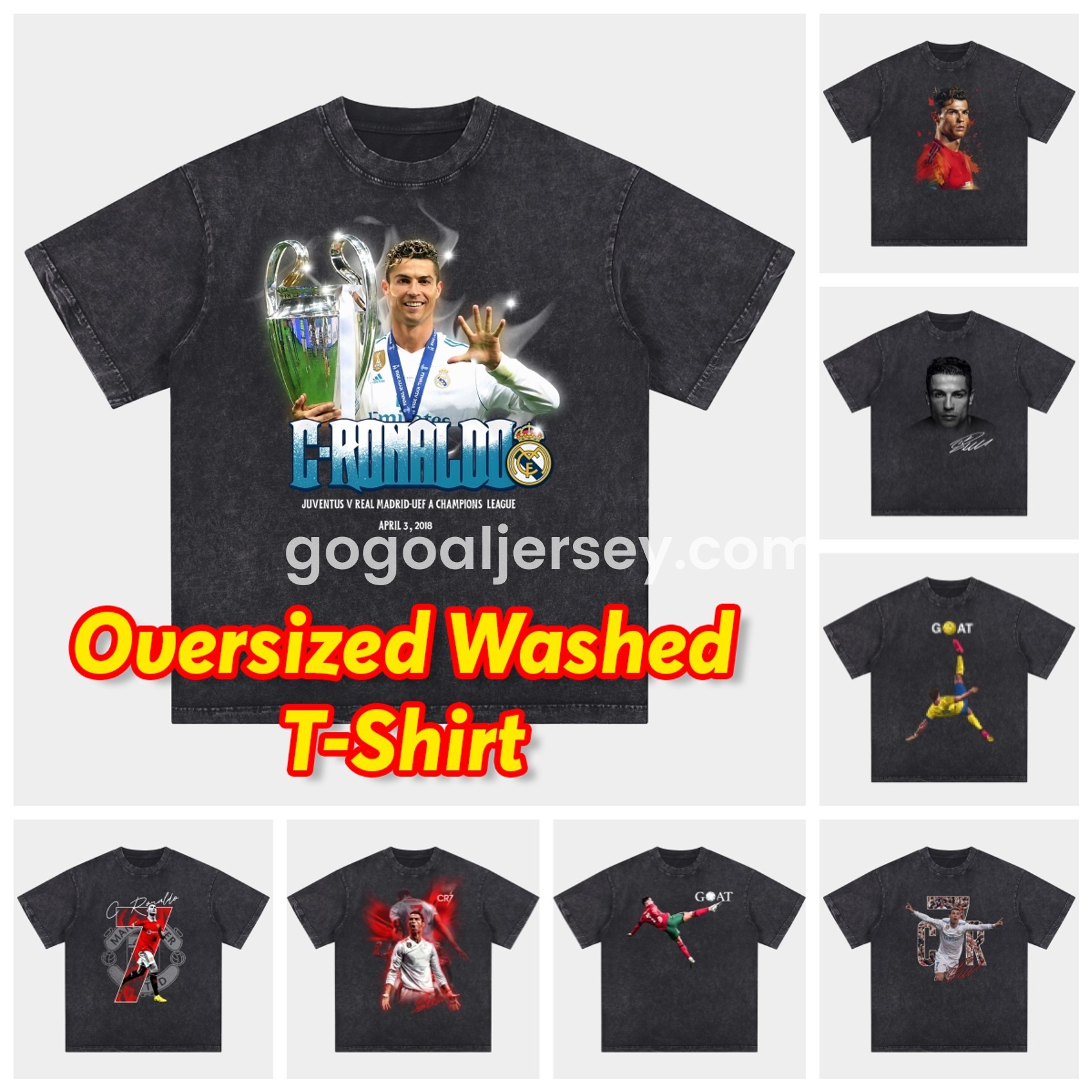 Gogoaljersey-Cristiano Ronaldo Portugal Real Madrid Manchester United Oversized Washed T-Shirt