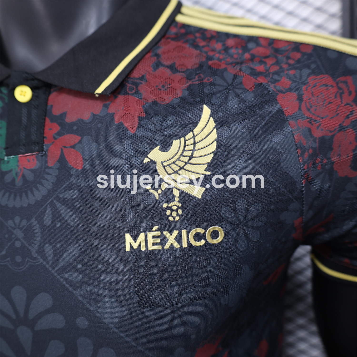 SIUjerseys-Mexico 25-26 Black Polo Jersey with Red and Green Floral Pattern - Player Version