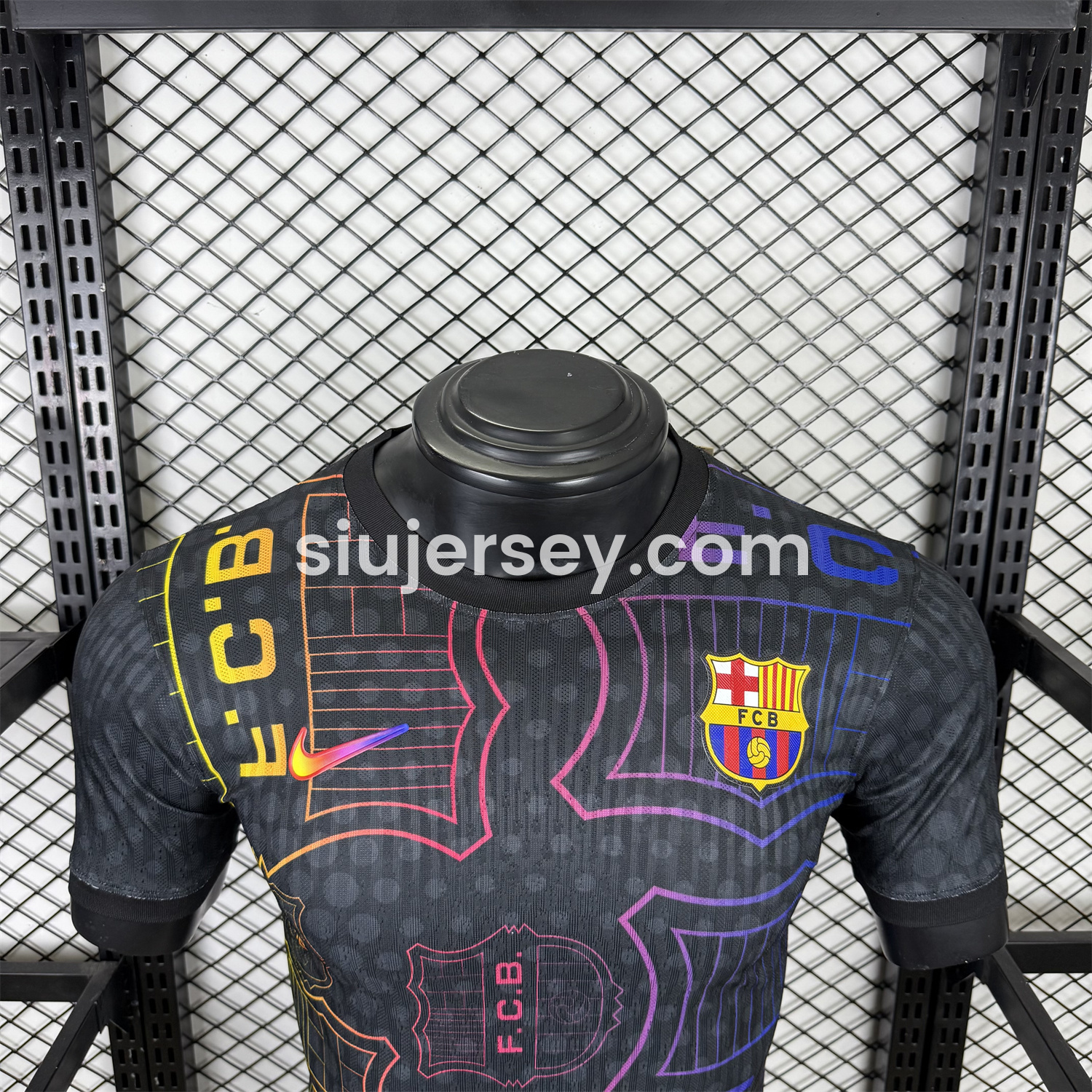 SIUjerseys-Barcelona 25-26 Fluorescent Team Logo Lines Black Jersey - Player Version
