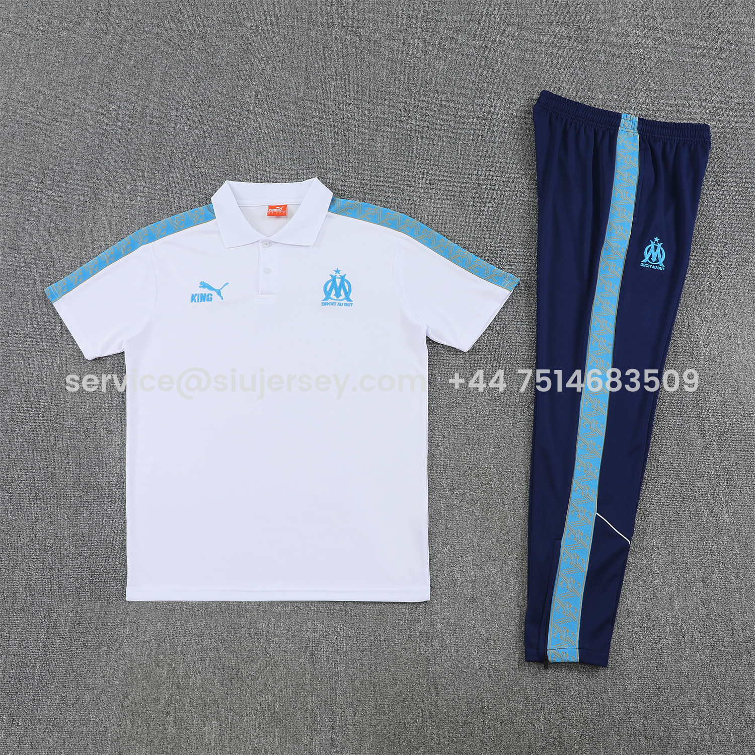 SIUjerseys-Marseille 25-26 POLO Short-Sleeve Training Set - White Top and Dark Blue Pants
