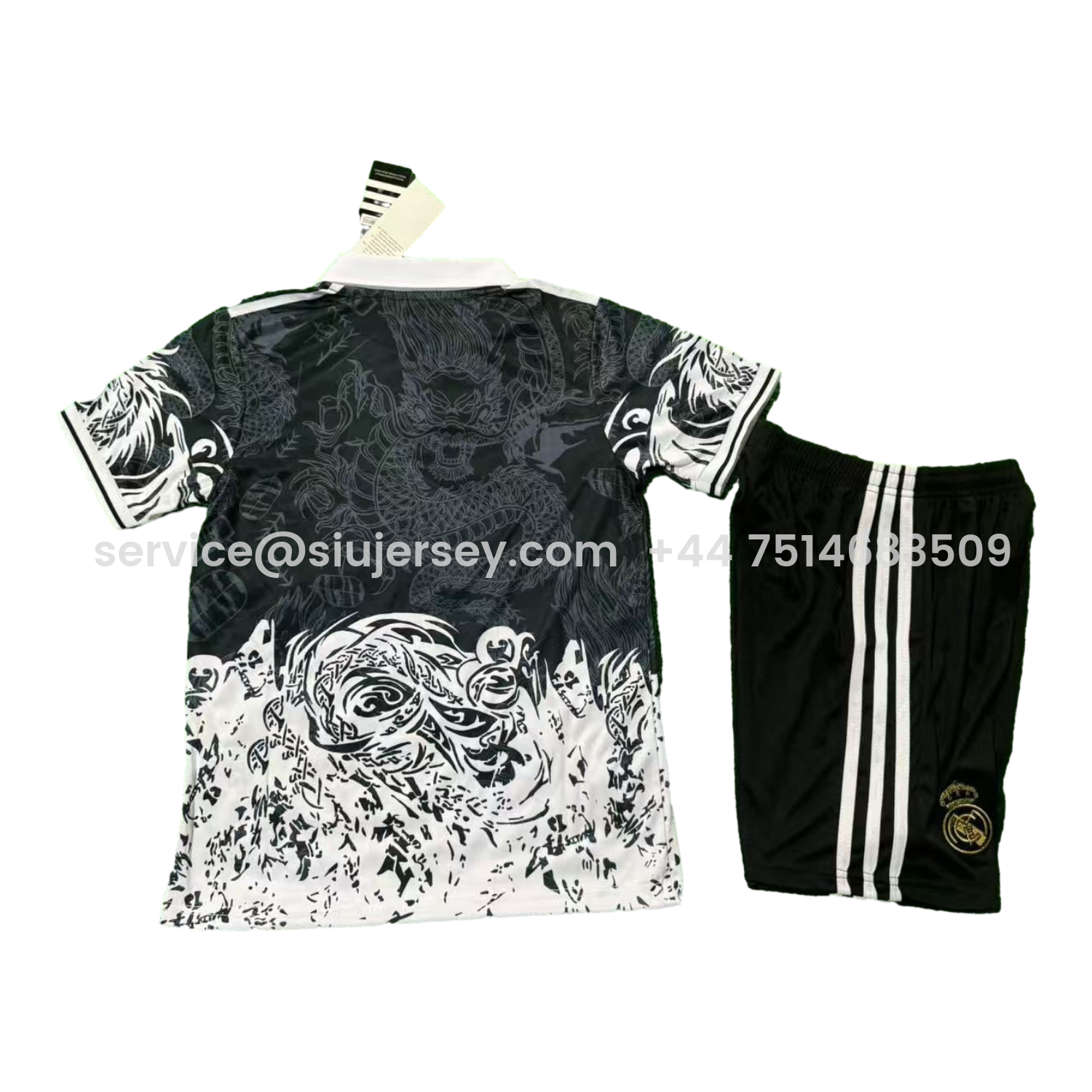SIUjerseys-Real Madrid 25-26 White Fire Dragon Black Special Polo Kids Kit