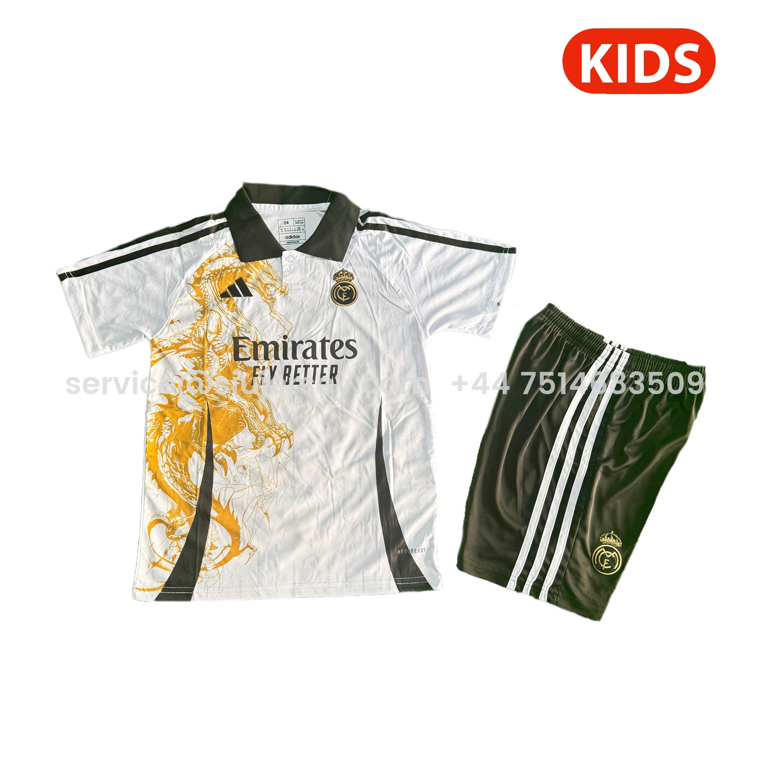 SIUjerseys-Real Madrid 25-26 Golden Dragon White Special Polo Kids Kit
