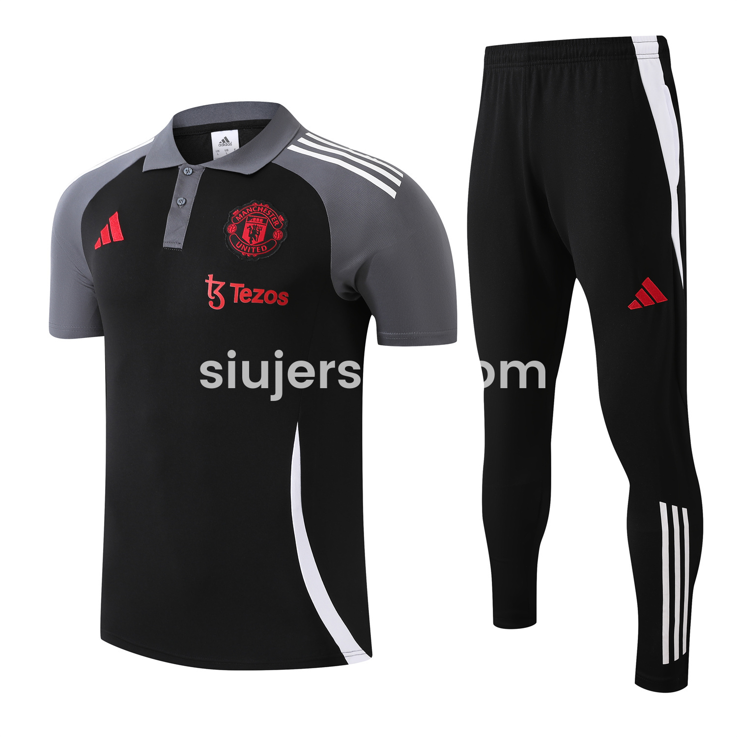 SIUjerseys-Manchester United 25-26 POLO Short-Sleeve Training Set - Black Top and Pants with White Stripes
