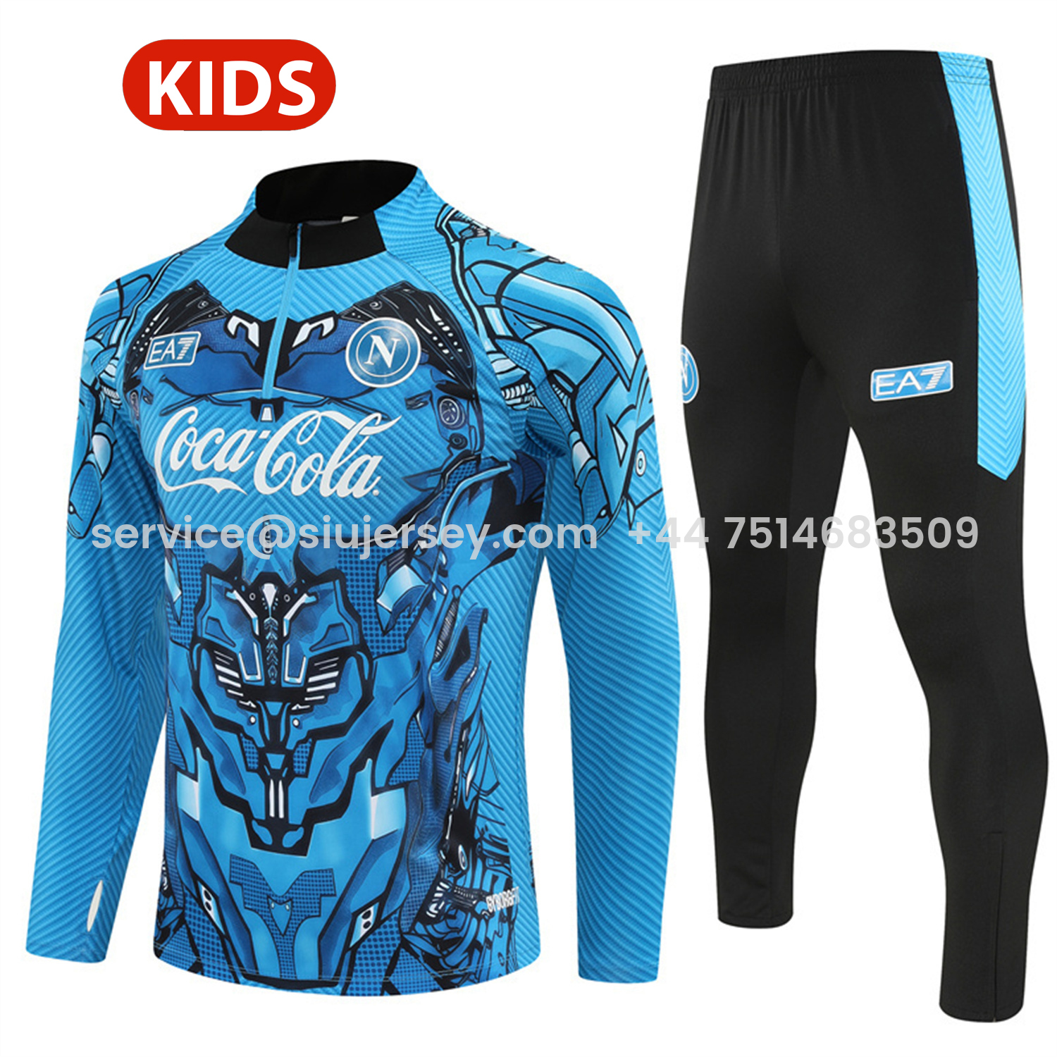 SIUjerseys-Napoli 25-26 Kids Long Sleeve Training Set - Blue Mecha Top & Black Pants