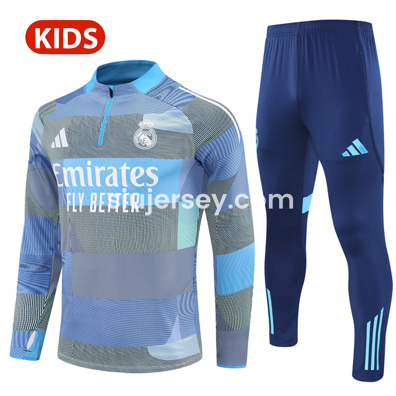 SIUjerseys-Real Madrid 25-26 Kids Long Sleeves Training Set - Blue-Gray Camouflage Top & Blue Pants