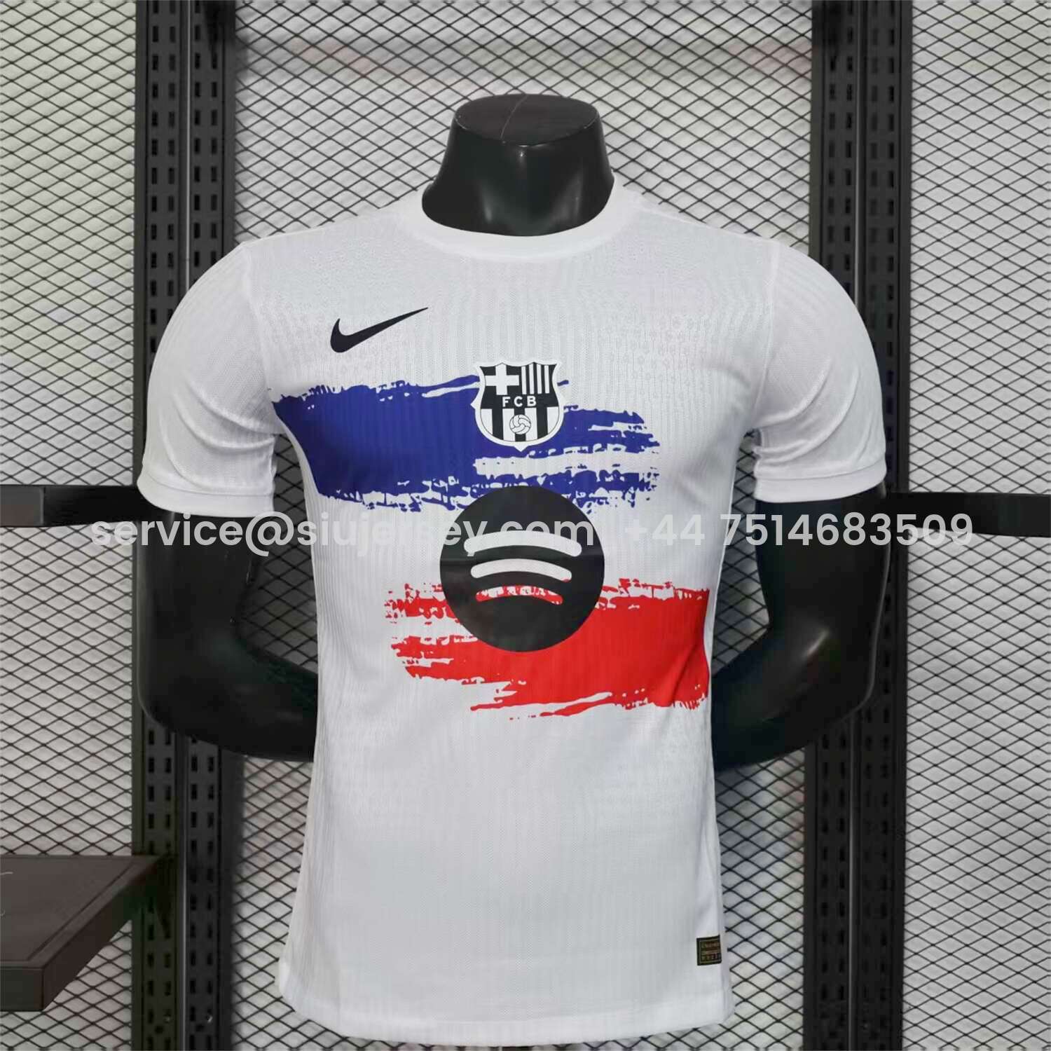 SIUjerseys-Barcelona 25-26 White Jersey with Red Blue Ink Horizontal Stripes Jersey - Player Version