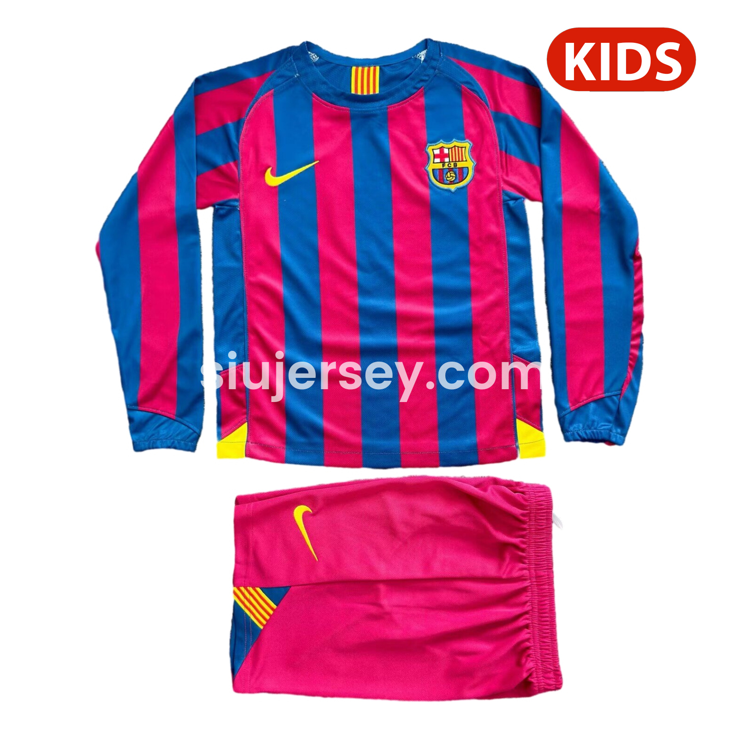 SIUjerseys-Retro Barcelona 06-07 Home Long Sleeve Kids Kit