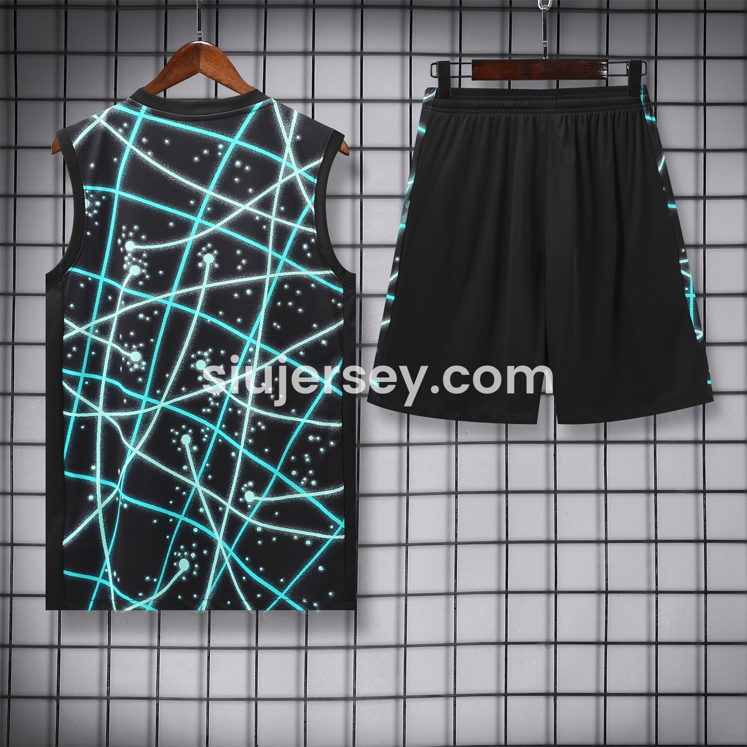 SIUjerseys-Inter Milan 25-26 Vest Training Set - Blue Fluorescent Rays Black Vest & Black Shorts