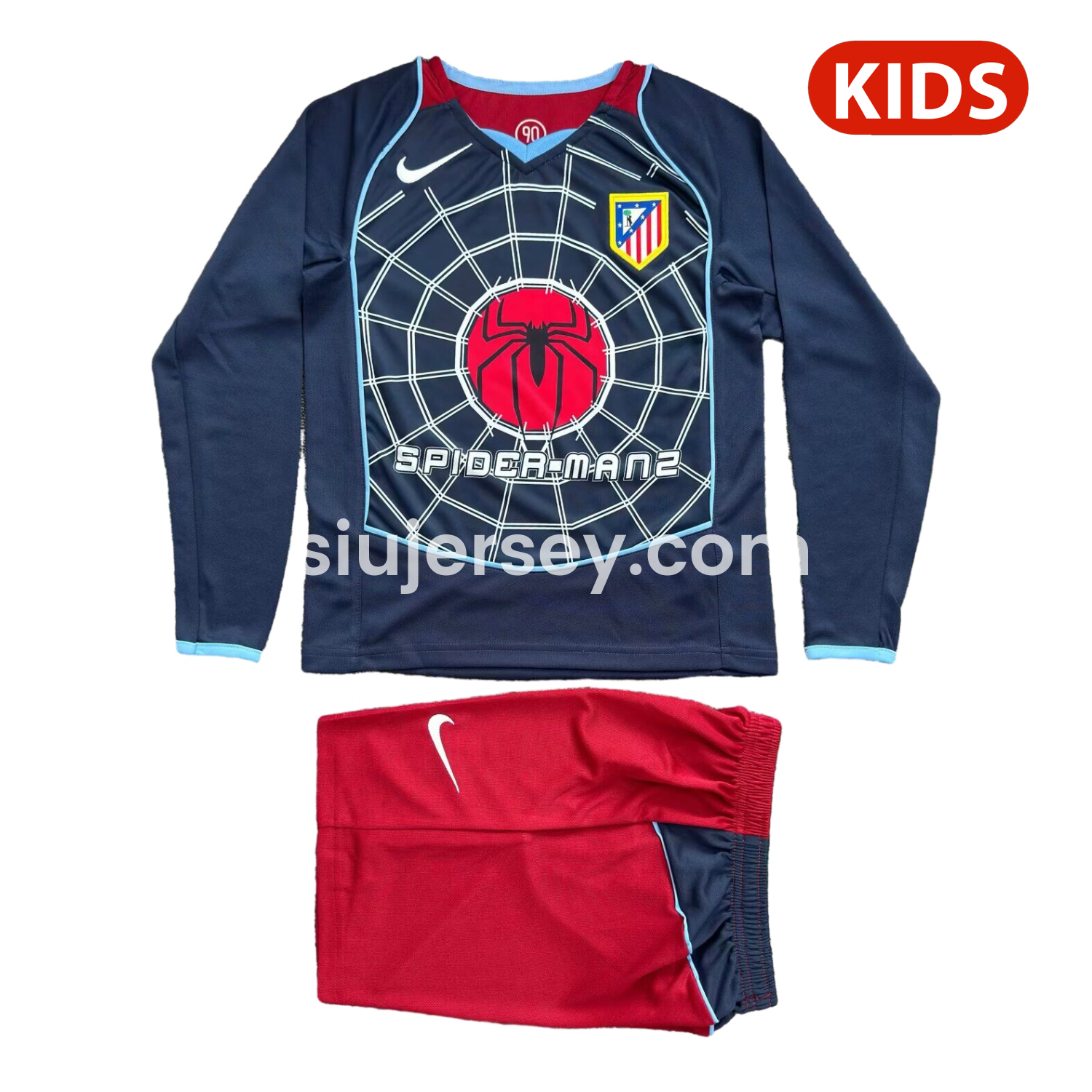 SIUjerseys-Retro Atletico Madrid 2004-05 Away S.p.i.d.e.r M.a.n Special Long Sleeves Kids Kit