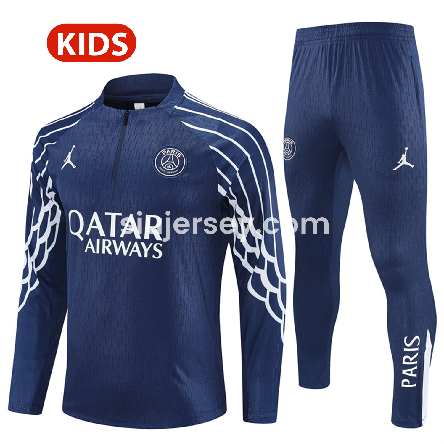 SIUjerseys-Paris Saint-Germain PSG 25-26 Kids Long Sleeve Training Set - JD White Wing Royal Blue Top and Pants