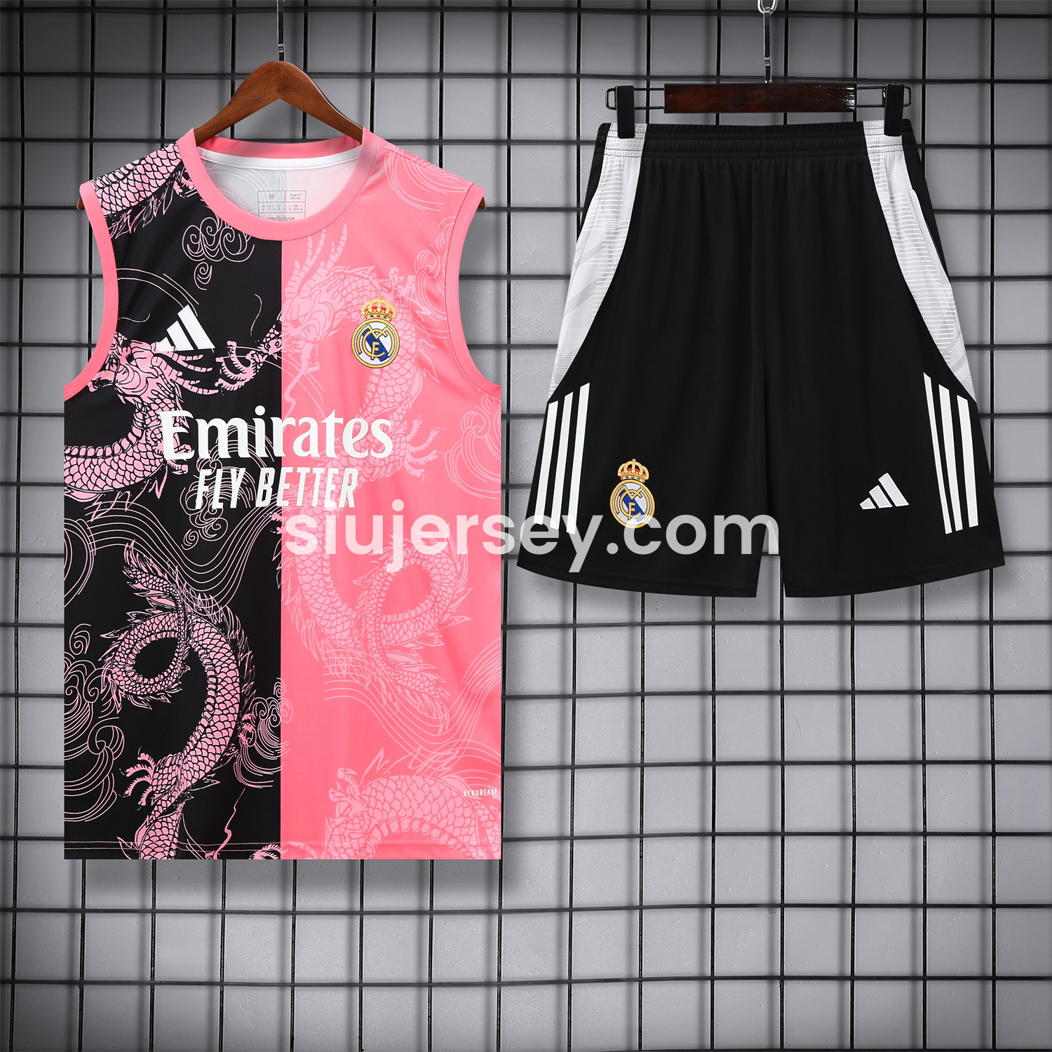 SIUjerseys-Real Madrid 25-26 Vest Training Set - Pink-Black Dragon Vest & Black-White Shorts