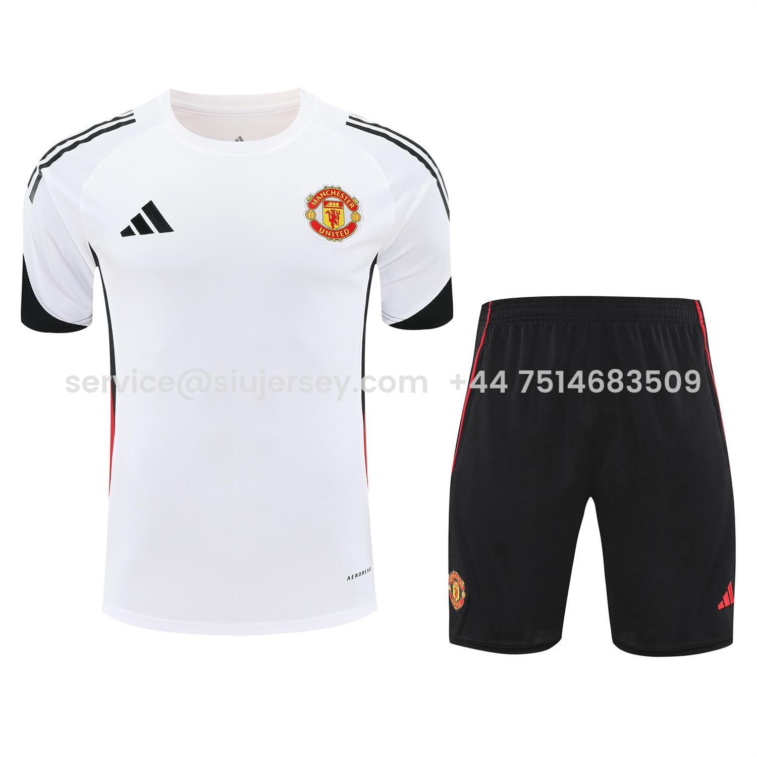 SIUjerseys-Manchester United 25-26 Short-Sleeve Training Set - Red Black Blocks White Top & Black Shorts