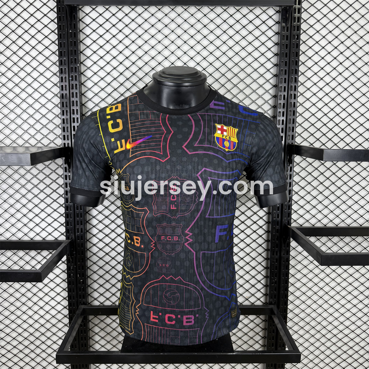 SIUjerseys-Barcelona 25-26 Fluorescent Team Logo Lines Black Jersey - Player Version