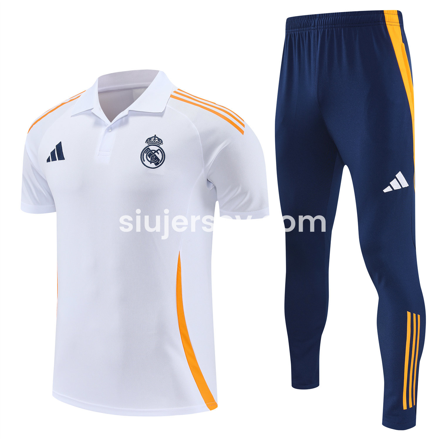 SIUjerseys-Real Madrid 25-26 POLO Short-Sleeve Training Set - White Top and Deep Blue Pants
