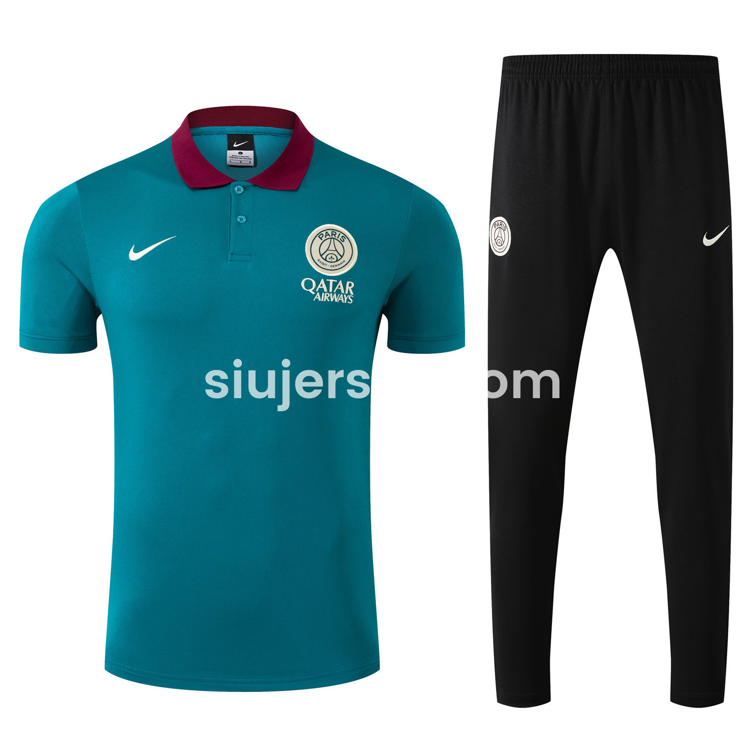 SIUjerseys-Paris Saint-Germain PSG 25-26 POLO Short-Sleeve Training Set - Blue Green Top and Black Pants
