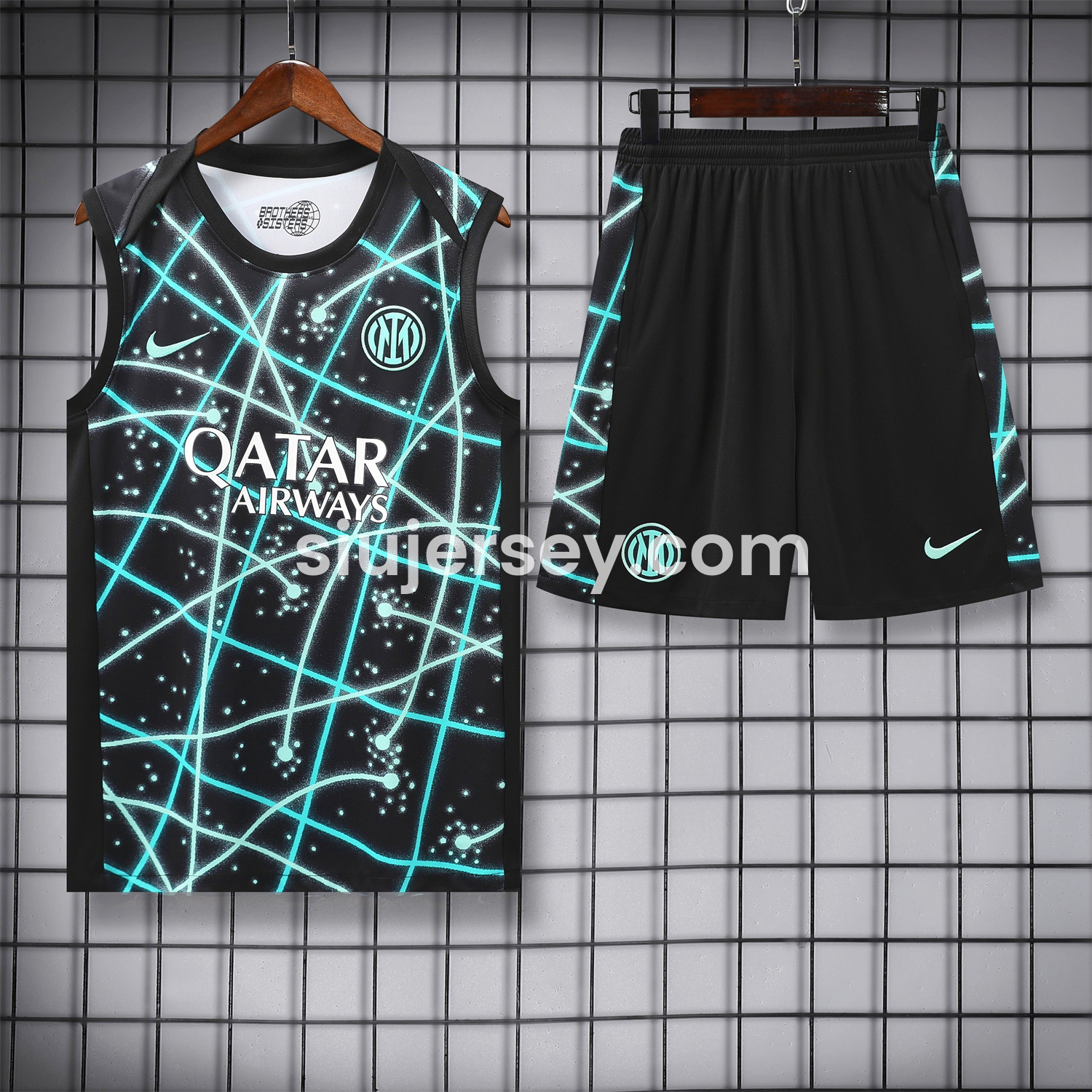 SIUjerseys-Inter Milan 25-26 Vest Training Set - Blue Fluorescent Rays Black Vest & Black Shorts