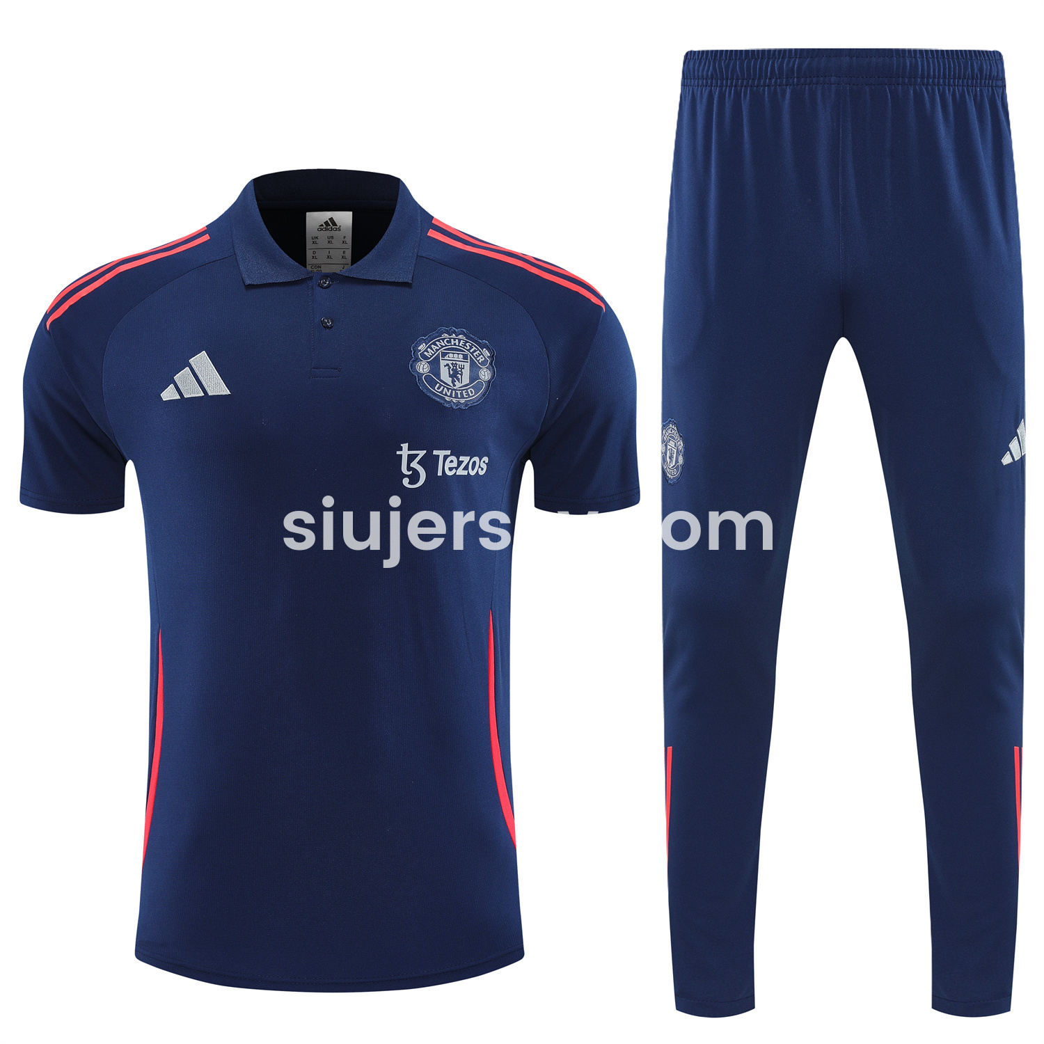 SIUjerseys-Manchester United 25-26 POLO Short-Sleeve Training Set - Deep Blue Top and Pants with Red Stripes