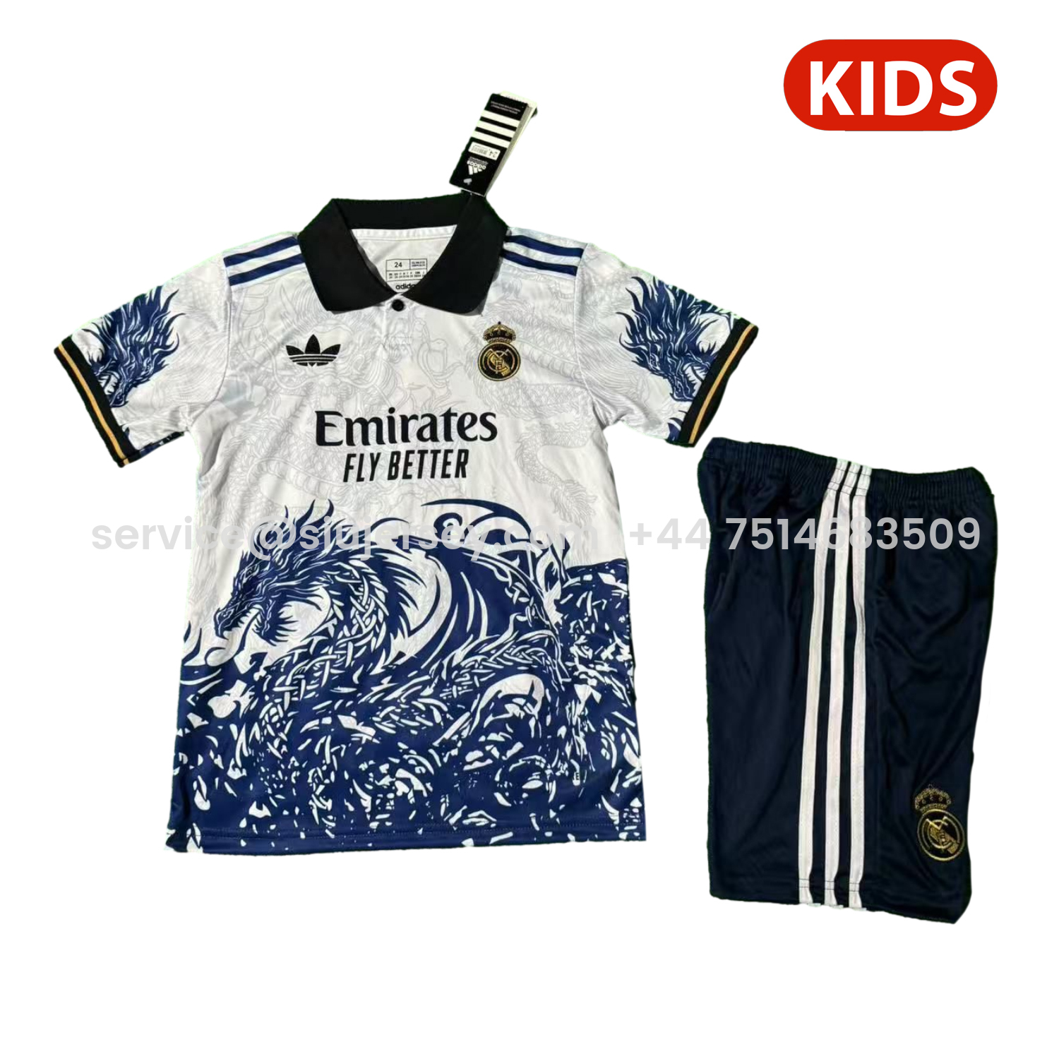 SIUjerseys-Real Madrid 25-26 Blue Fire Dragon White Special Polo Kids Kit