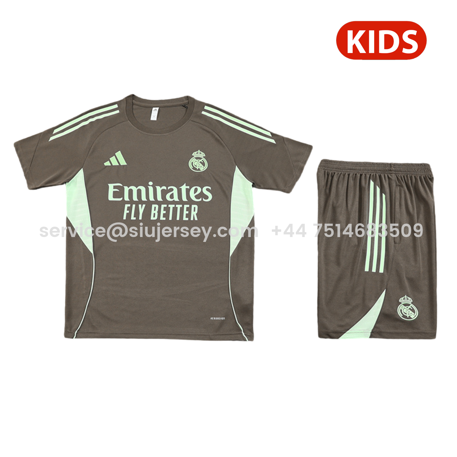 SIUjerseys-Real Madrid 25-26 Kids Short-Sleeve Training Set - Dark Khaki Top and Shorts