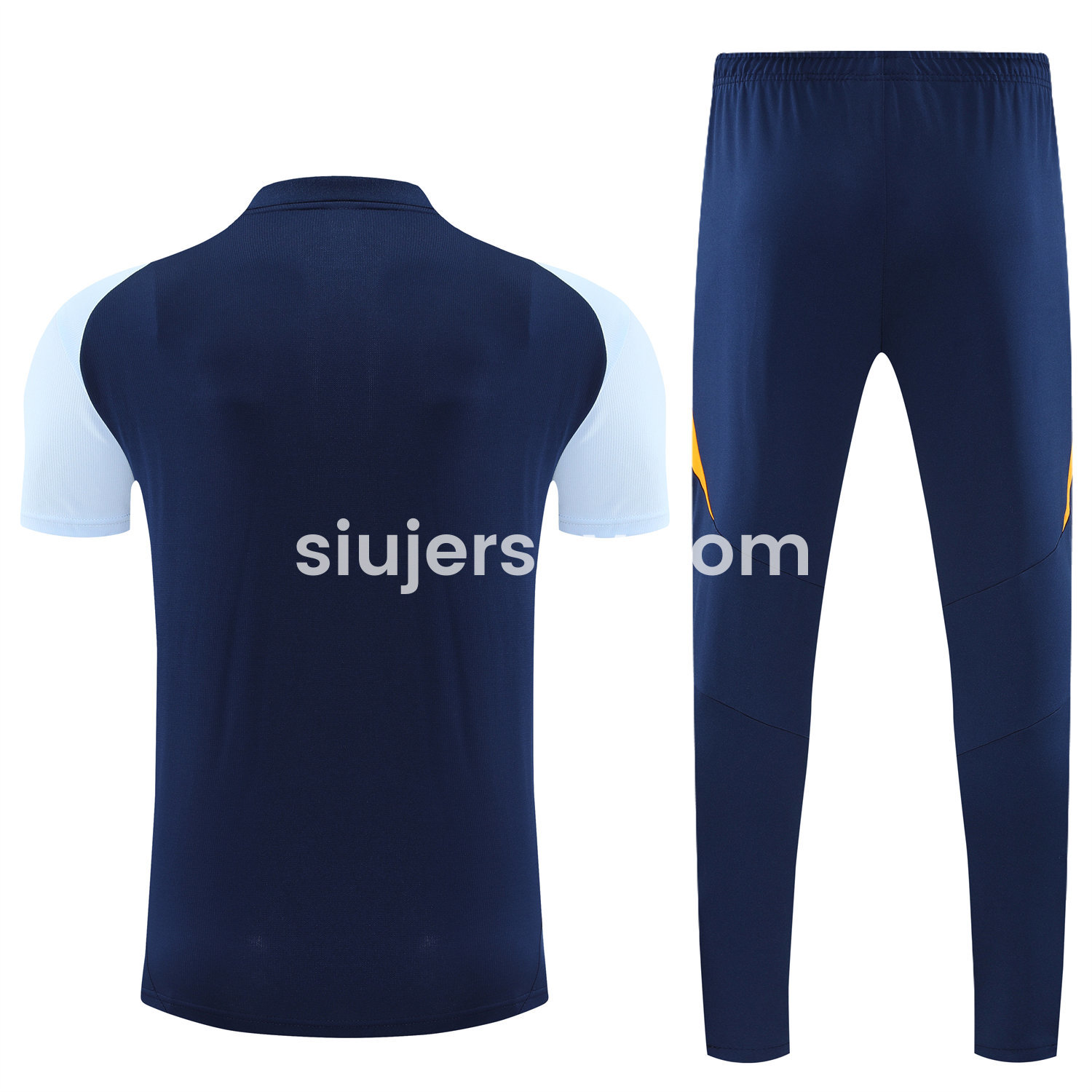 SIUjerseys-Real Madrid 25-26 POLO Short-Sleeve Training Set - Deep Blue Top and Pants with Yellow Stripes