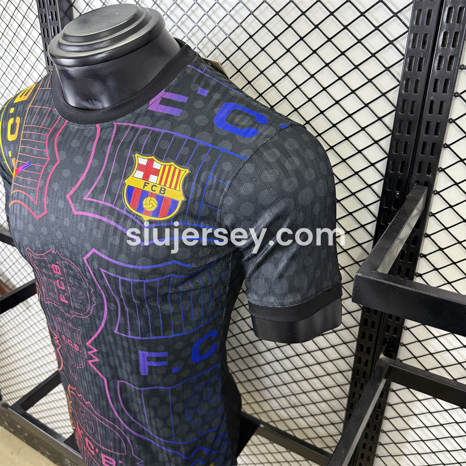 SIUjerseys-Barcelona 25-26 Fluorescent Team Logo Lines Black Jersey - Player Version