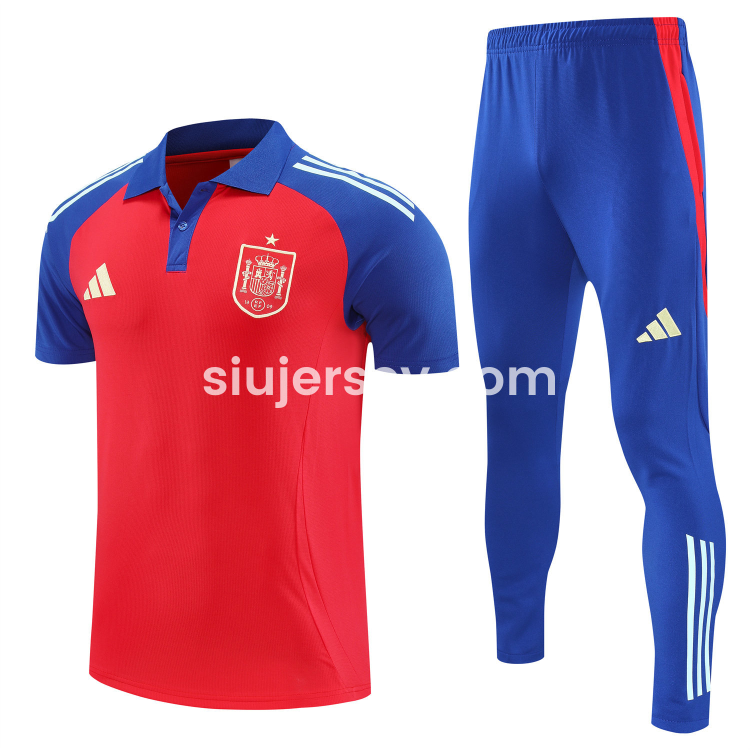 SIUjerseys-Spain 25-26 POLO Short-Sleeve Training Set - Red Top and Blue Pants