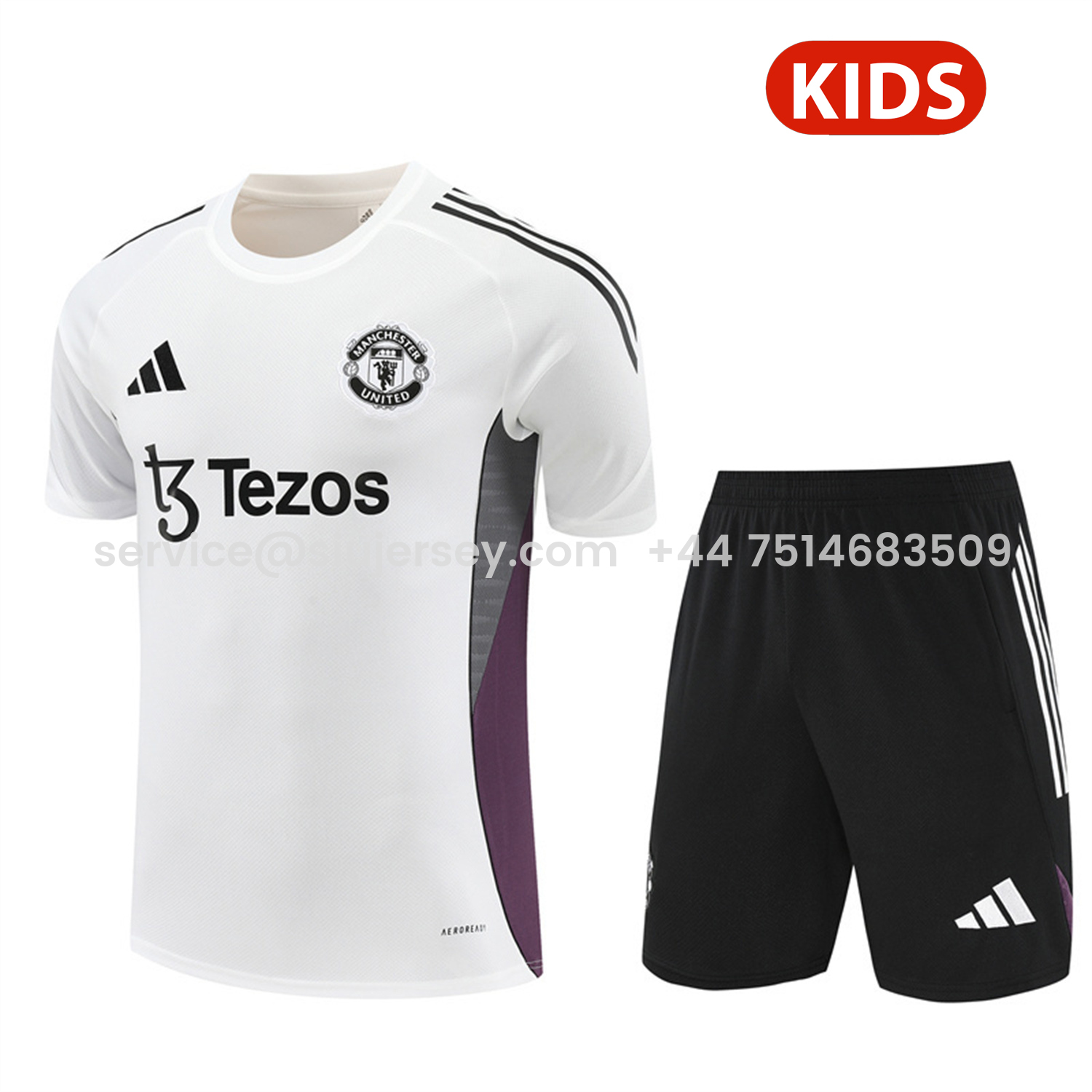 SIUjerseys-Manchester United 25-26 Kids Short-Sleeve Training Set - White Purple Top & Black Shorts