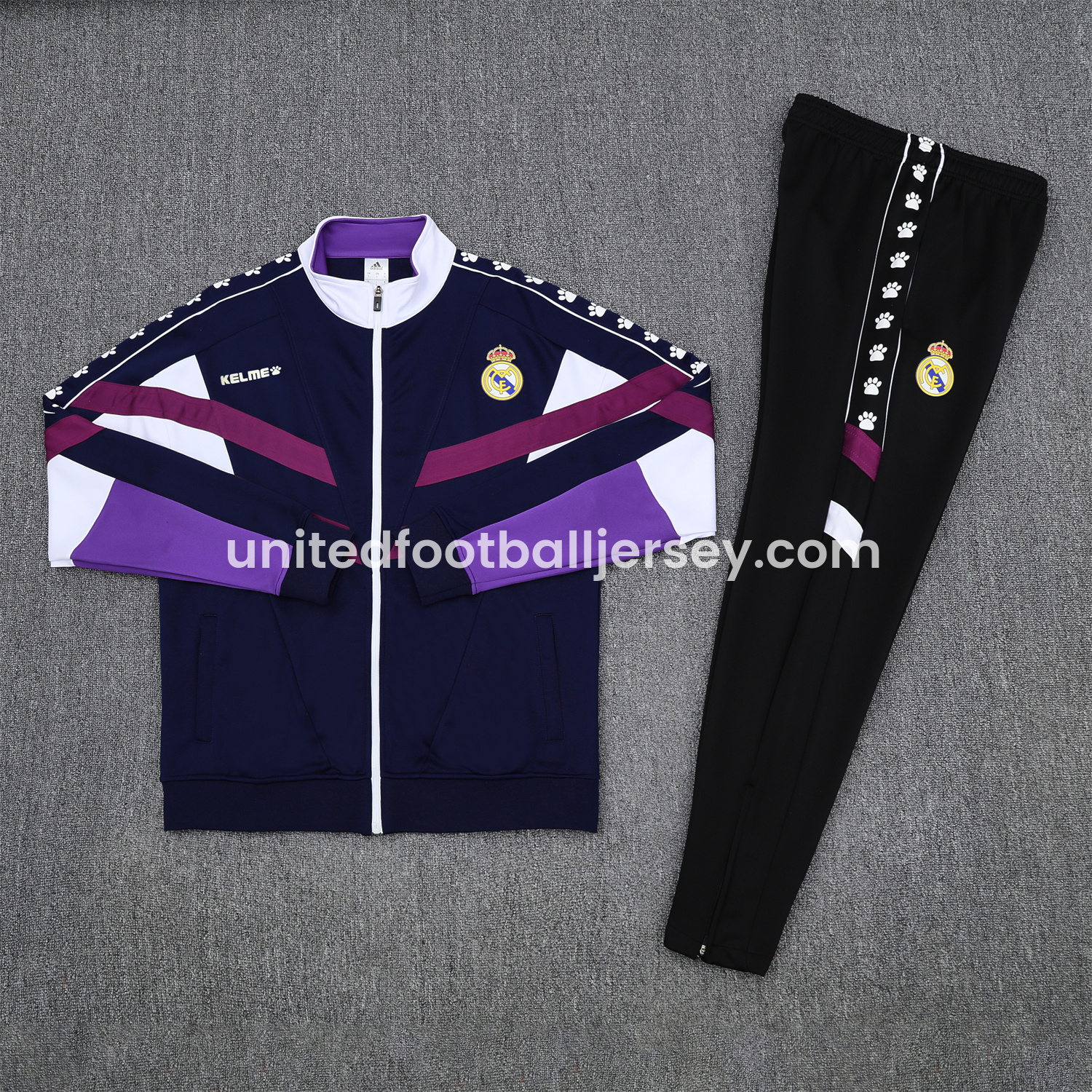 unitedfutballjersey-Real Madrid 25-26 Throwback Jacket Training Tracksuit - Deep Blue and Purple Jackets & Black Pants