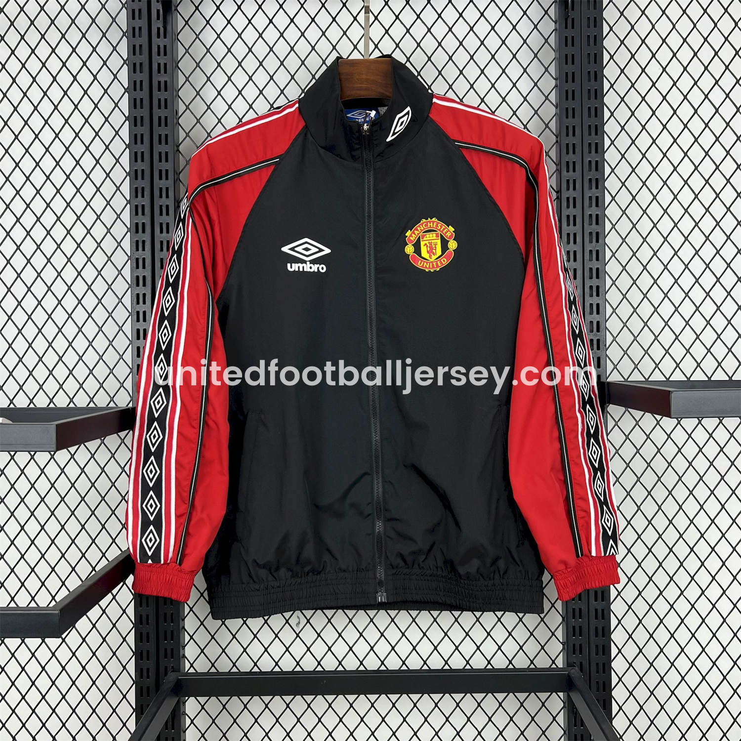 unitedfutballjersey-Retro Manchester United 1998-99 Throwback Windbreaker Jacket - Black and Red
