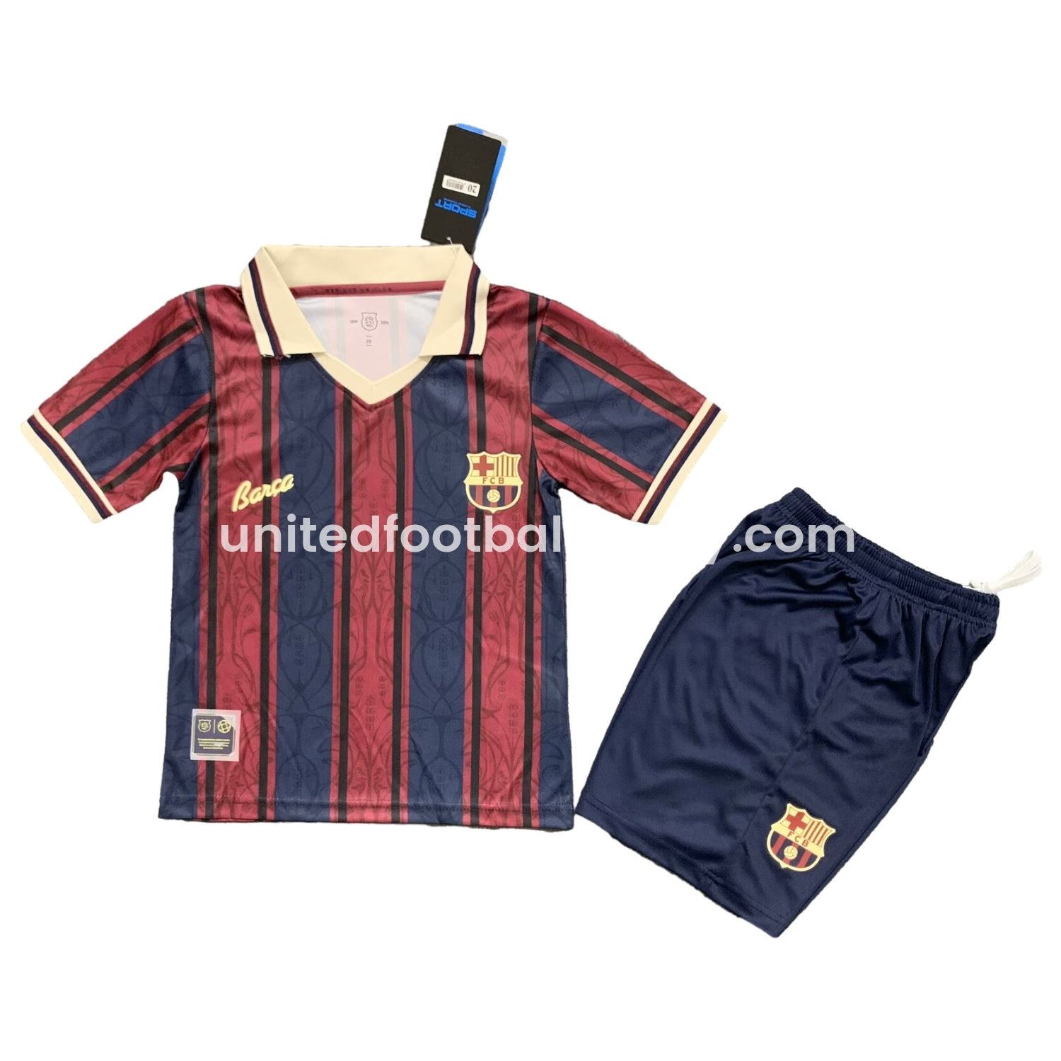 unitedfutballjersey-Barcelona 25-26 125th Anniversary Throwback Kids Kit